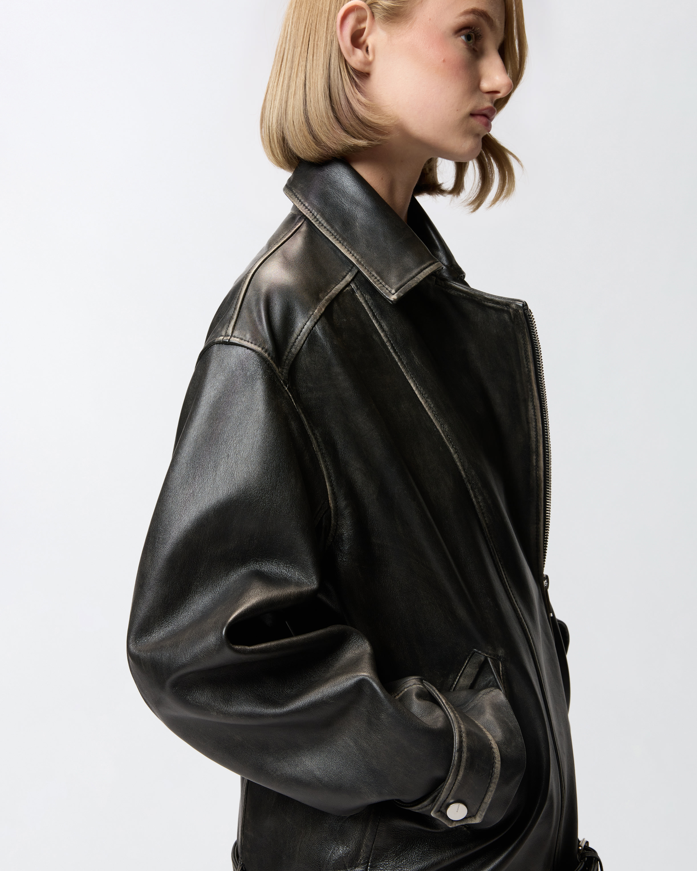 Pinko Leather Jacket With Belted Waist And Pockets In Black