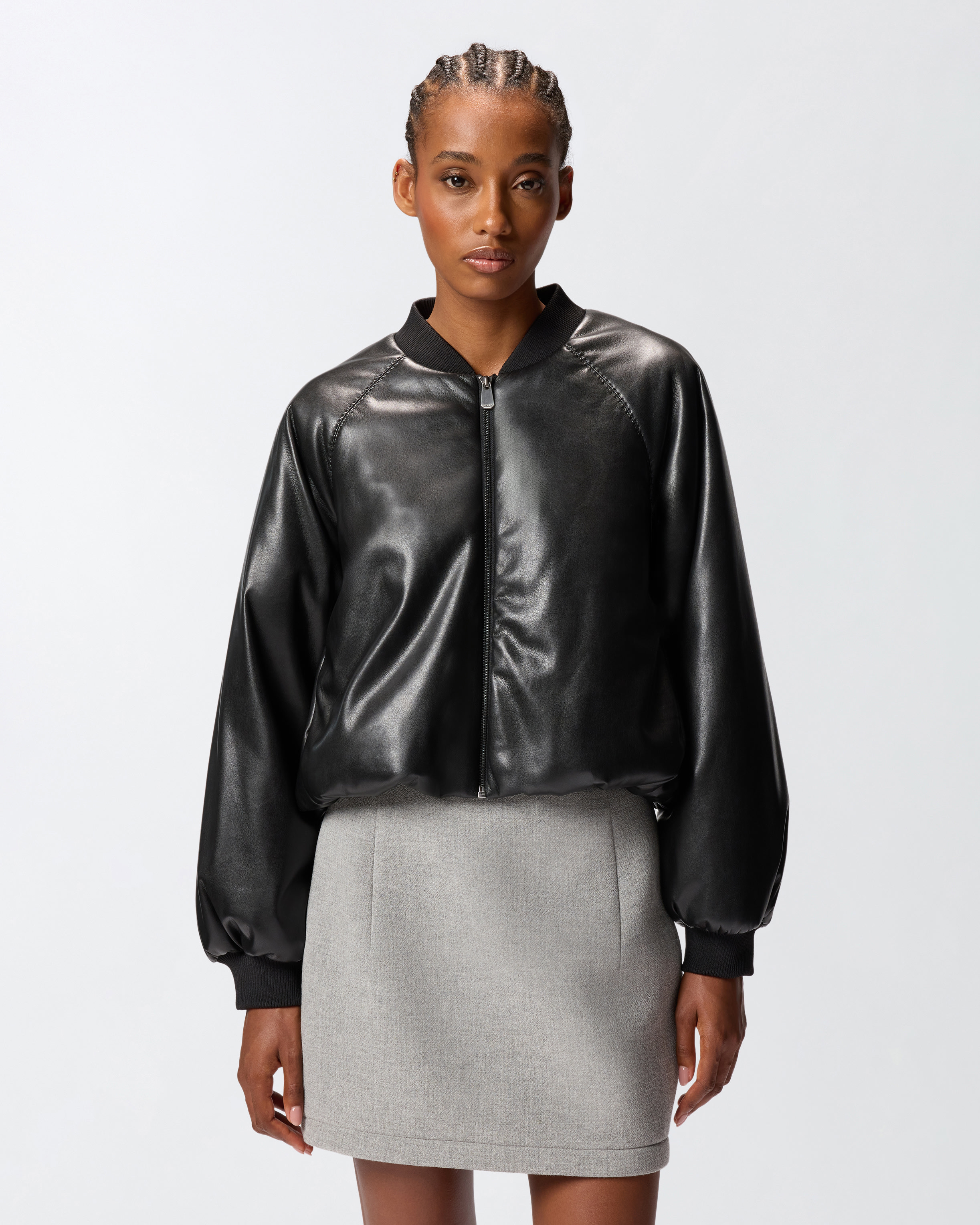 Pinko Black Cropped Bomber Jacket With Front Zip Closure In Ecoleather Woman In Black