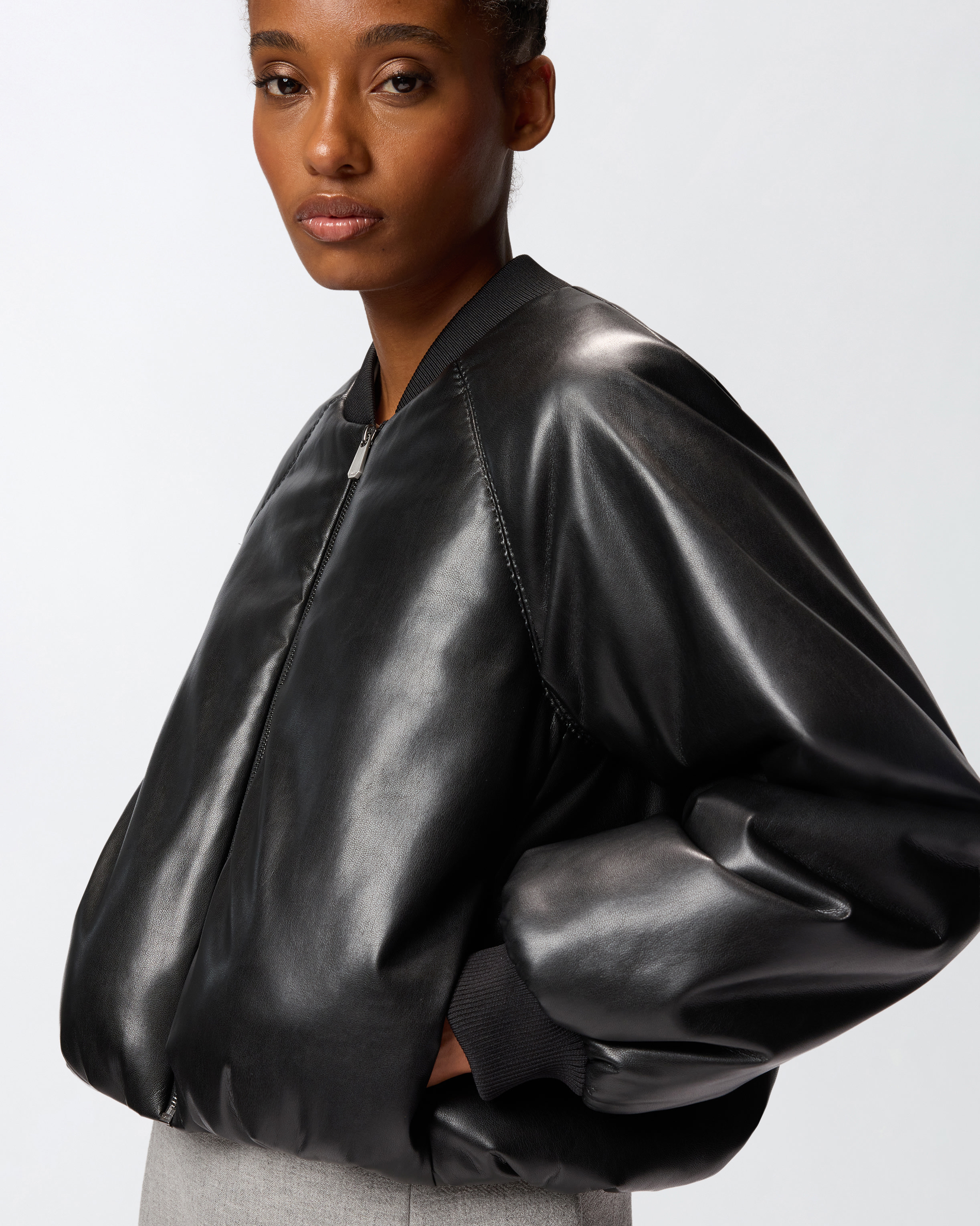 Pinko Black Cropped Bomber Jacket With Front Zip Closure In Ecoleather Woman In Black