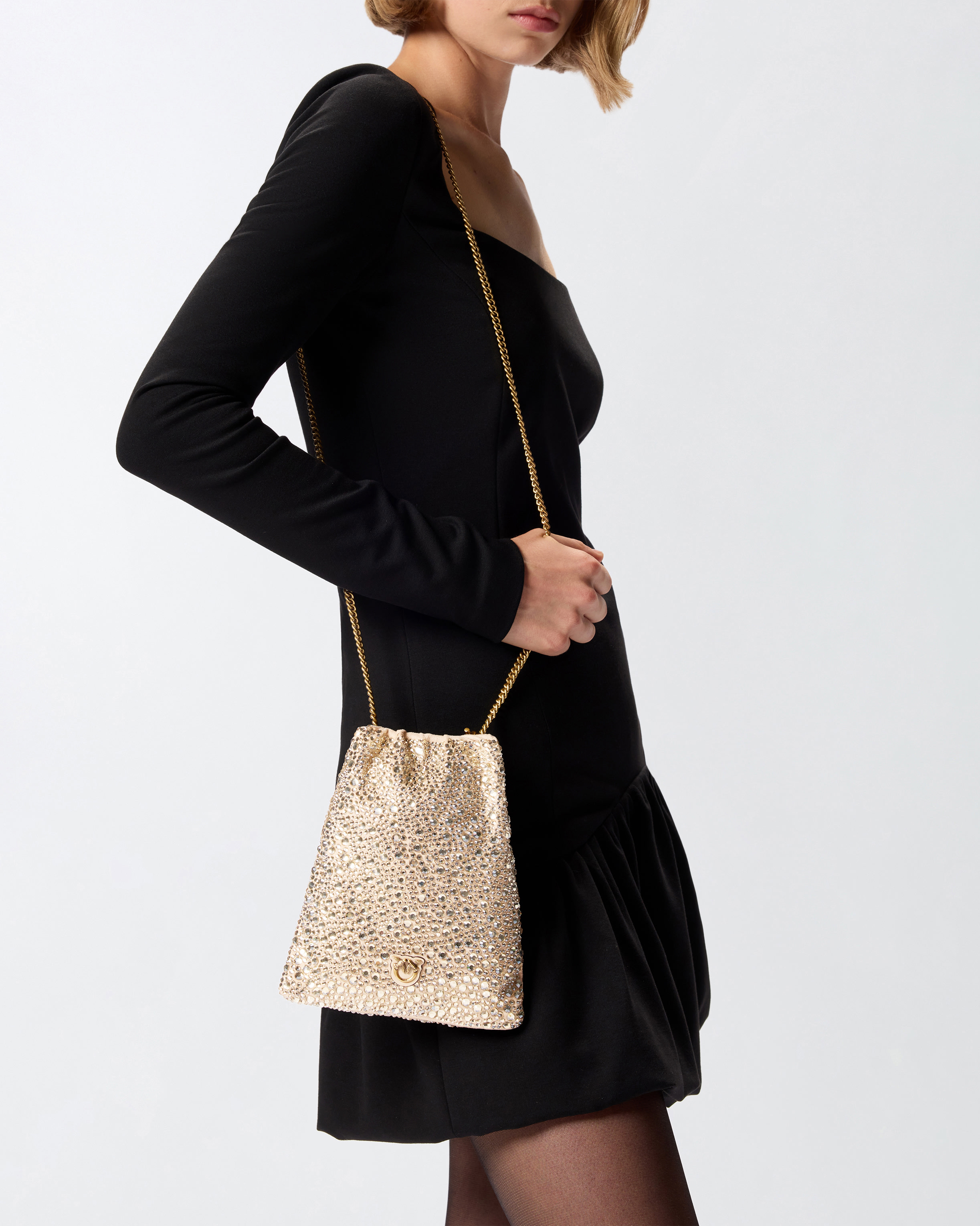 Pinko Baby Slouchy Bag Fully Rhinestoned Shoulder Pouch In Gold