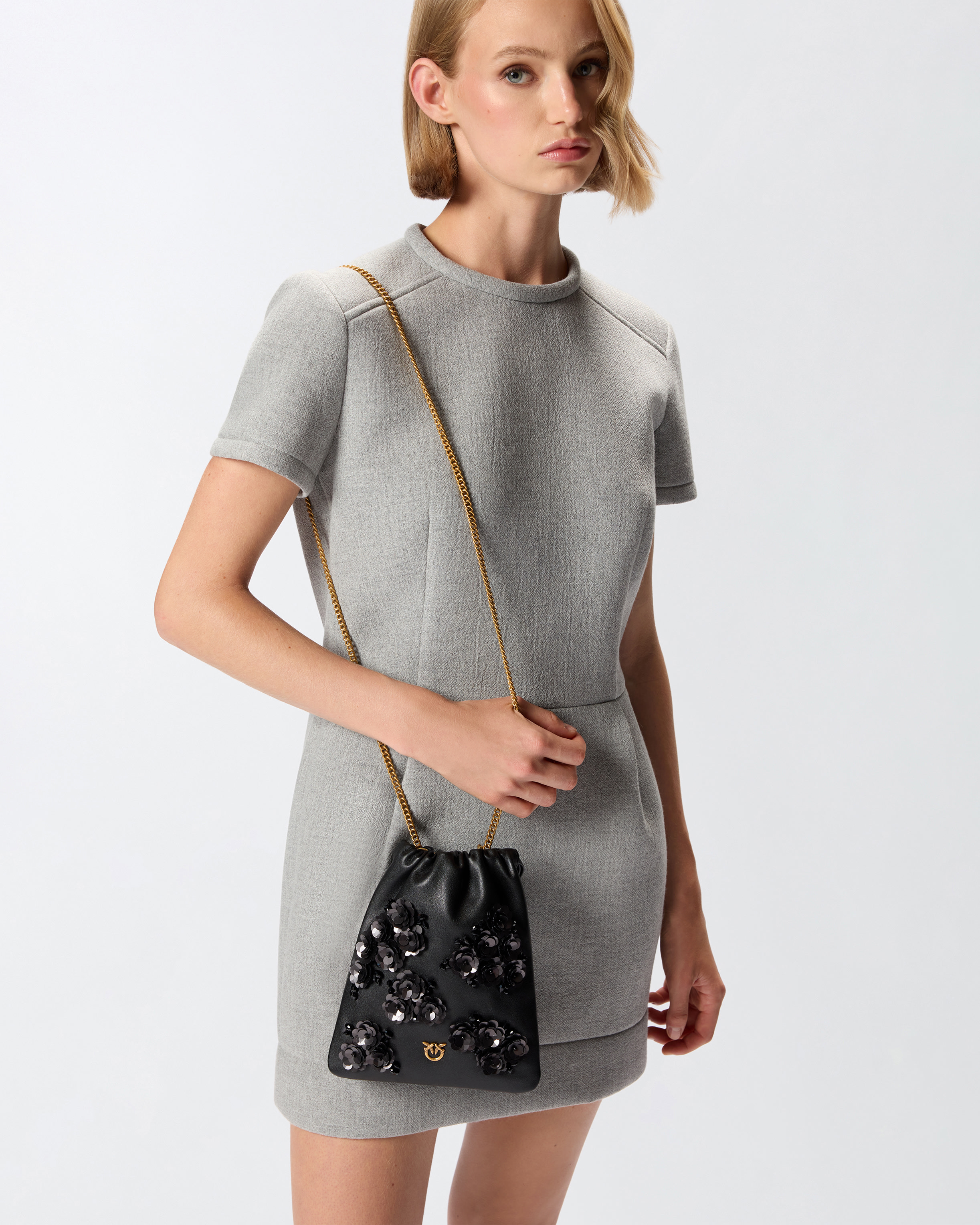 Pinko Baby Slouchy Bag Leather Shoulder Pouch In Leather With Jewel Flowers In Multi