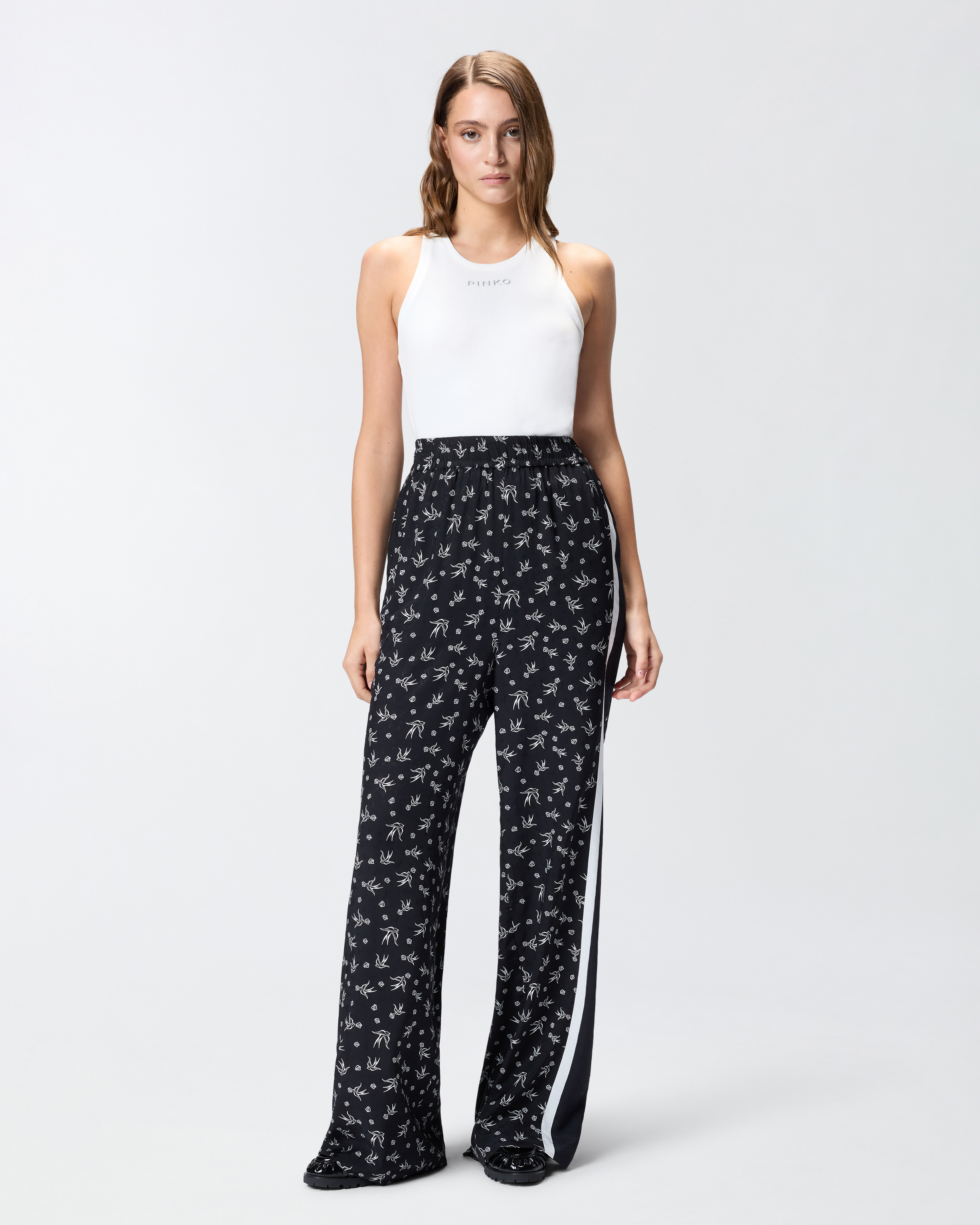 Pantalon wide leg en jacquard de viscose imprimé - Noir, Multicolore - large | Pinko 