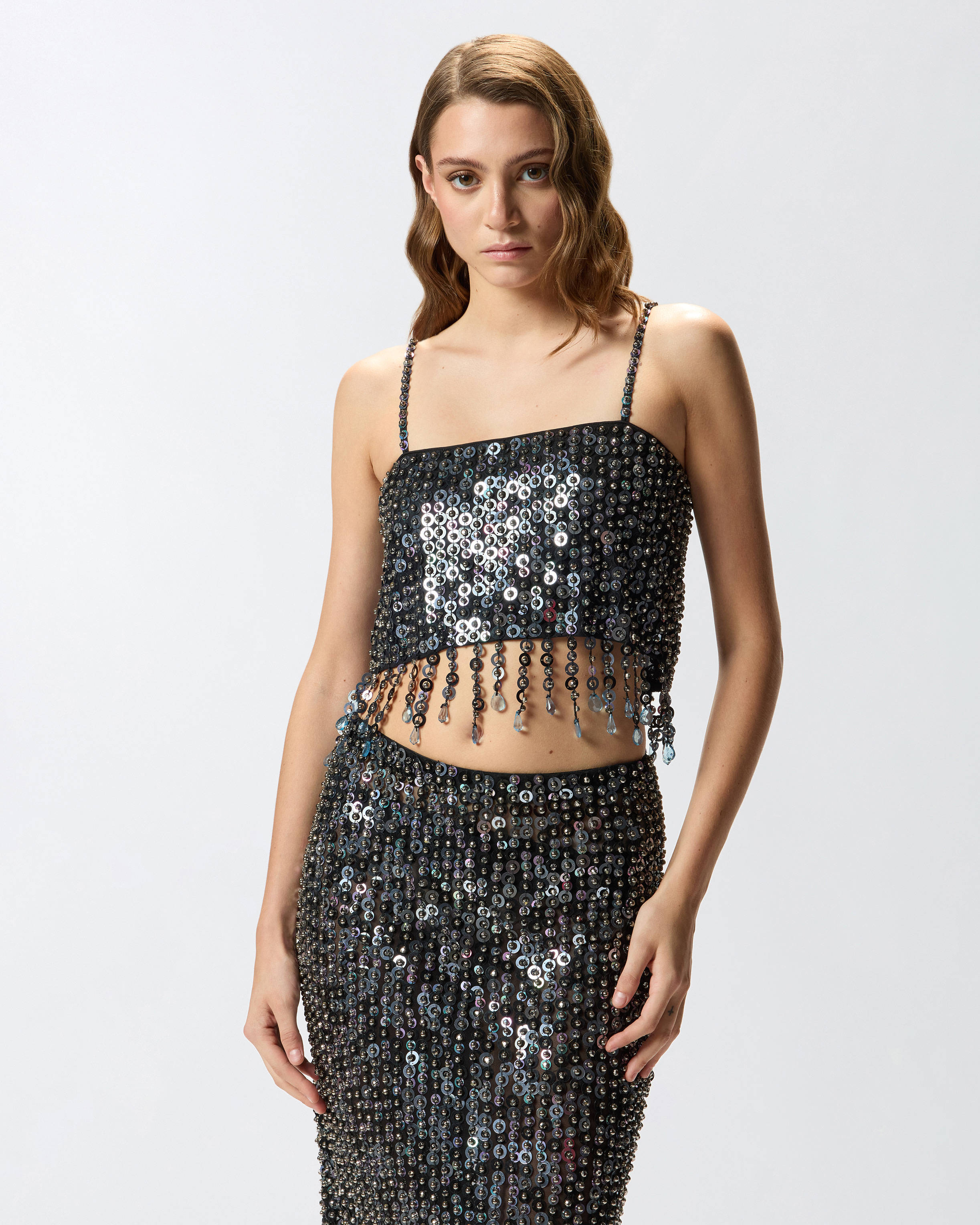 Pinko Crop Top With Sequins And Crystals In Gray
