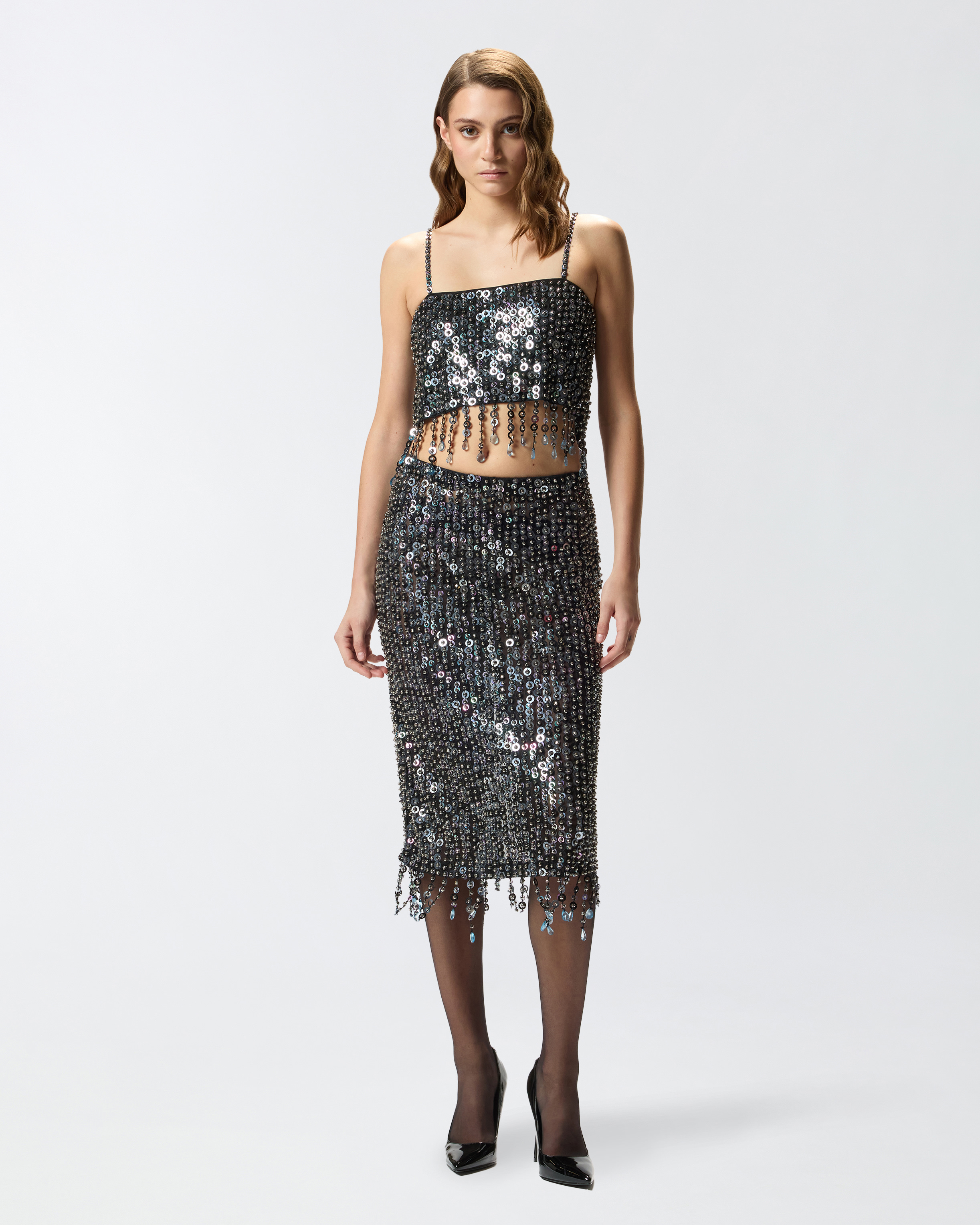 Pinko Pencil Skirt With Sequins And Crystals In Black