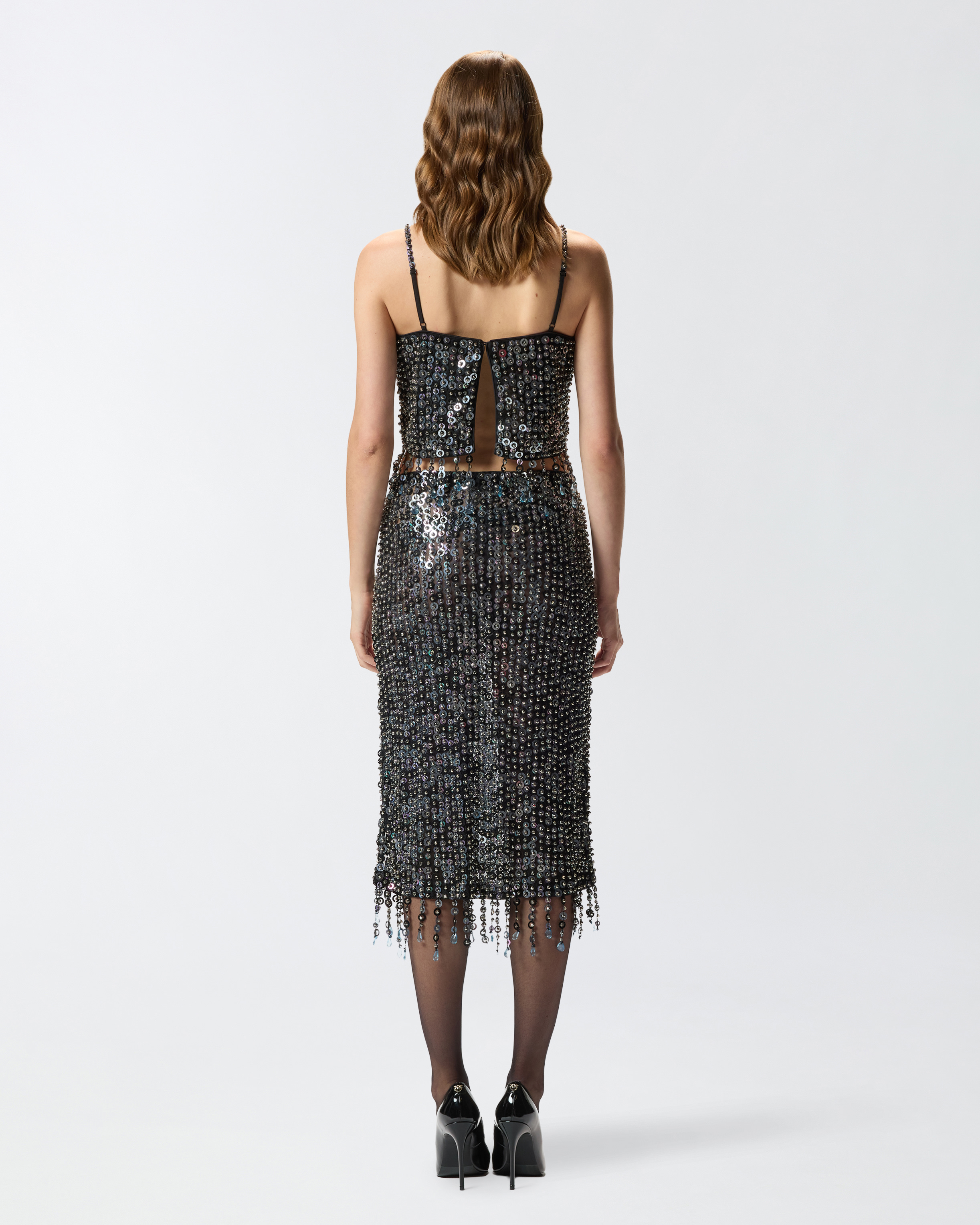 Pinko Pencil Skirt With Sequins And Crystals In Black