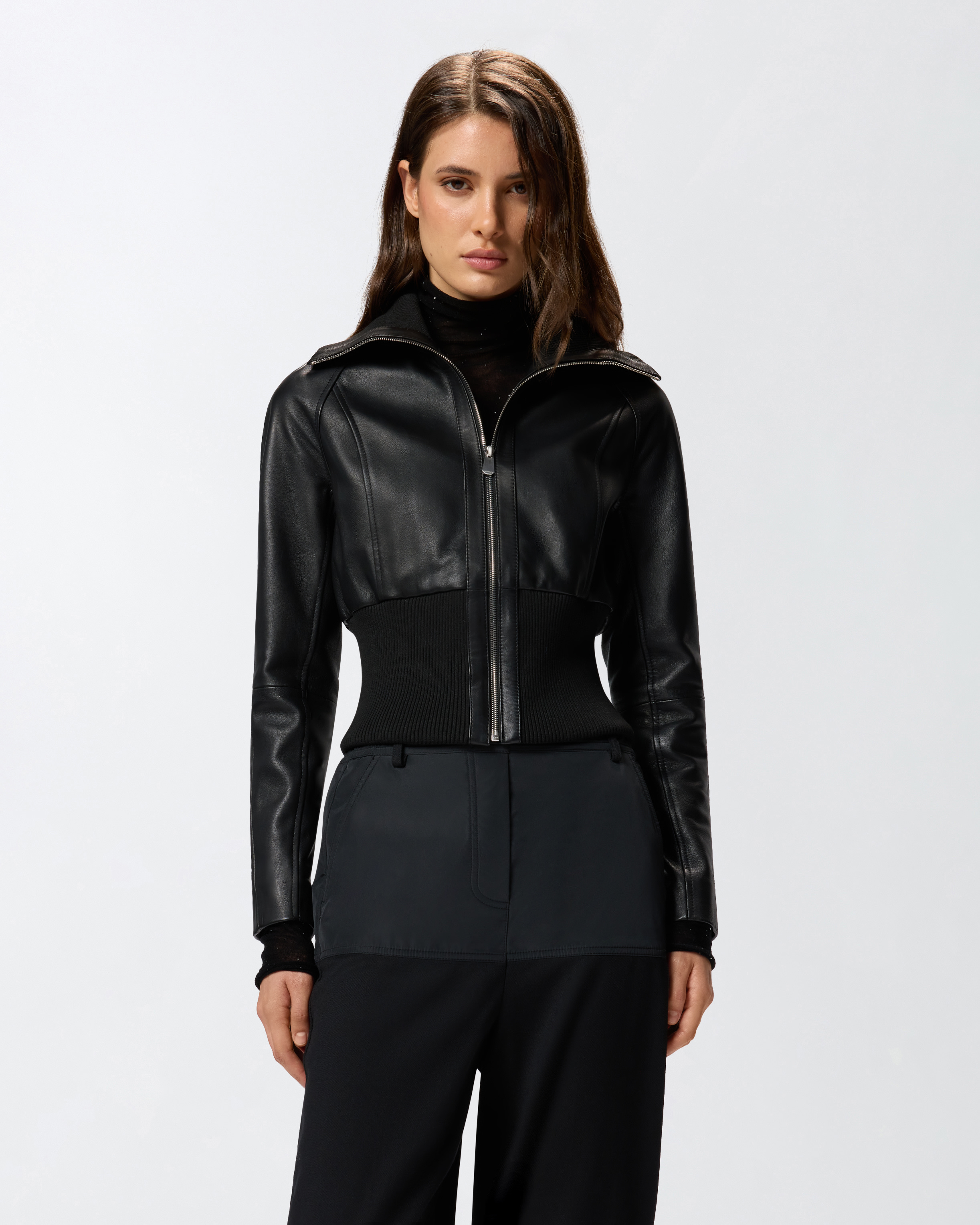 Pinko Short Nappa Leather And Knit Jacket In Black