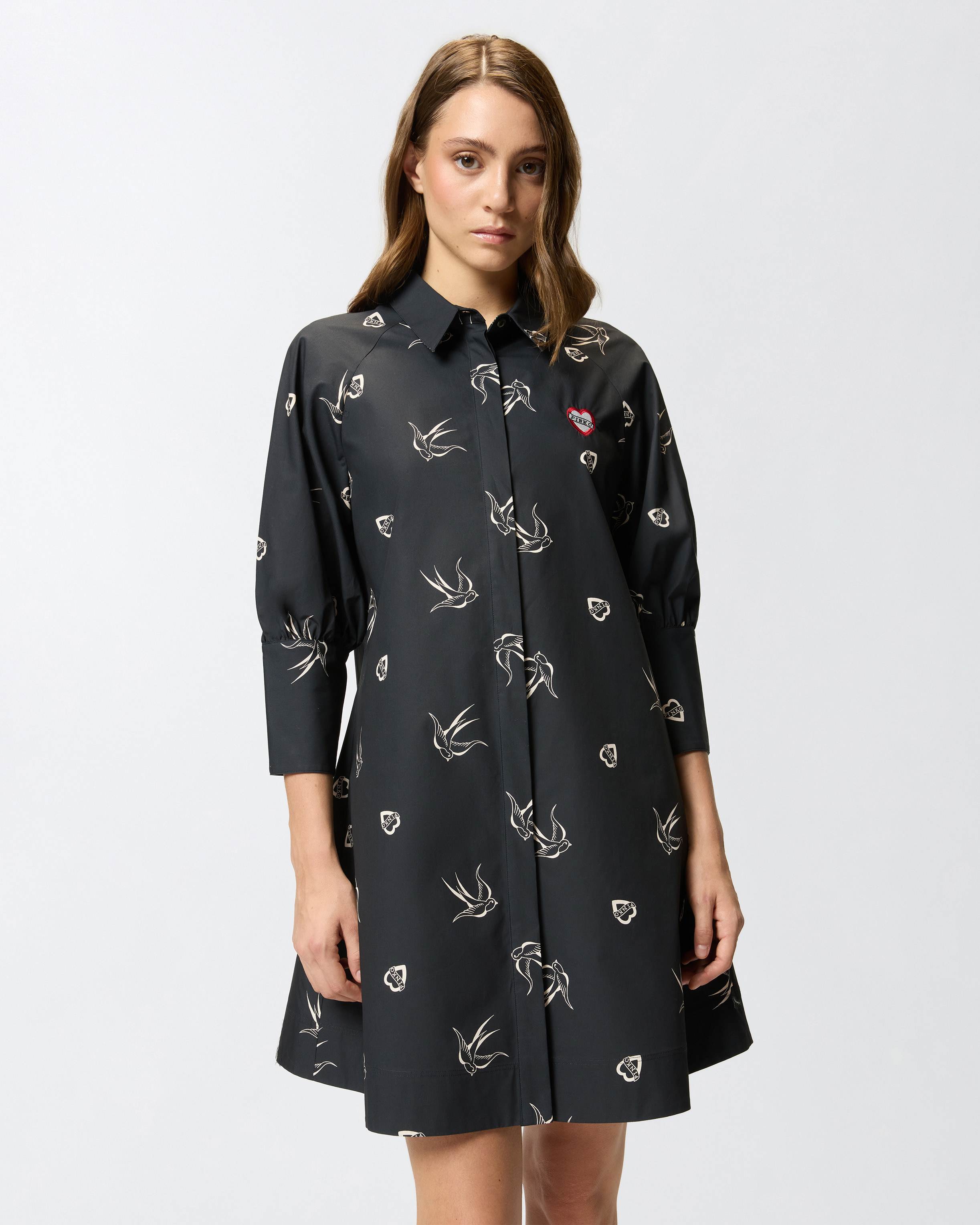 Pinko Short Tattoo-print Shirt Dress In Black
