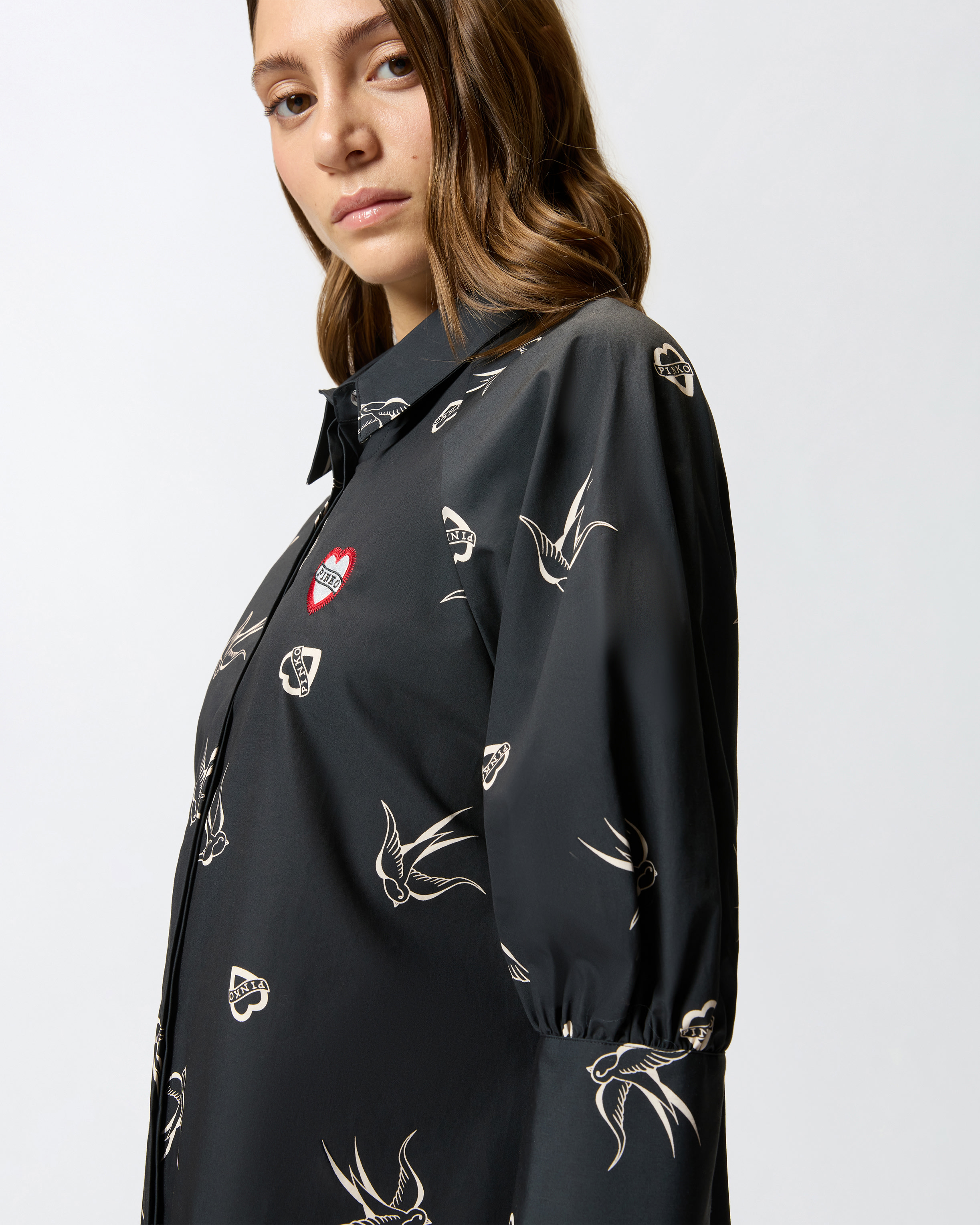 Pinko Short Tattoo-print Shirt Dress In Black