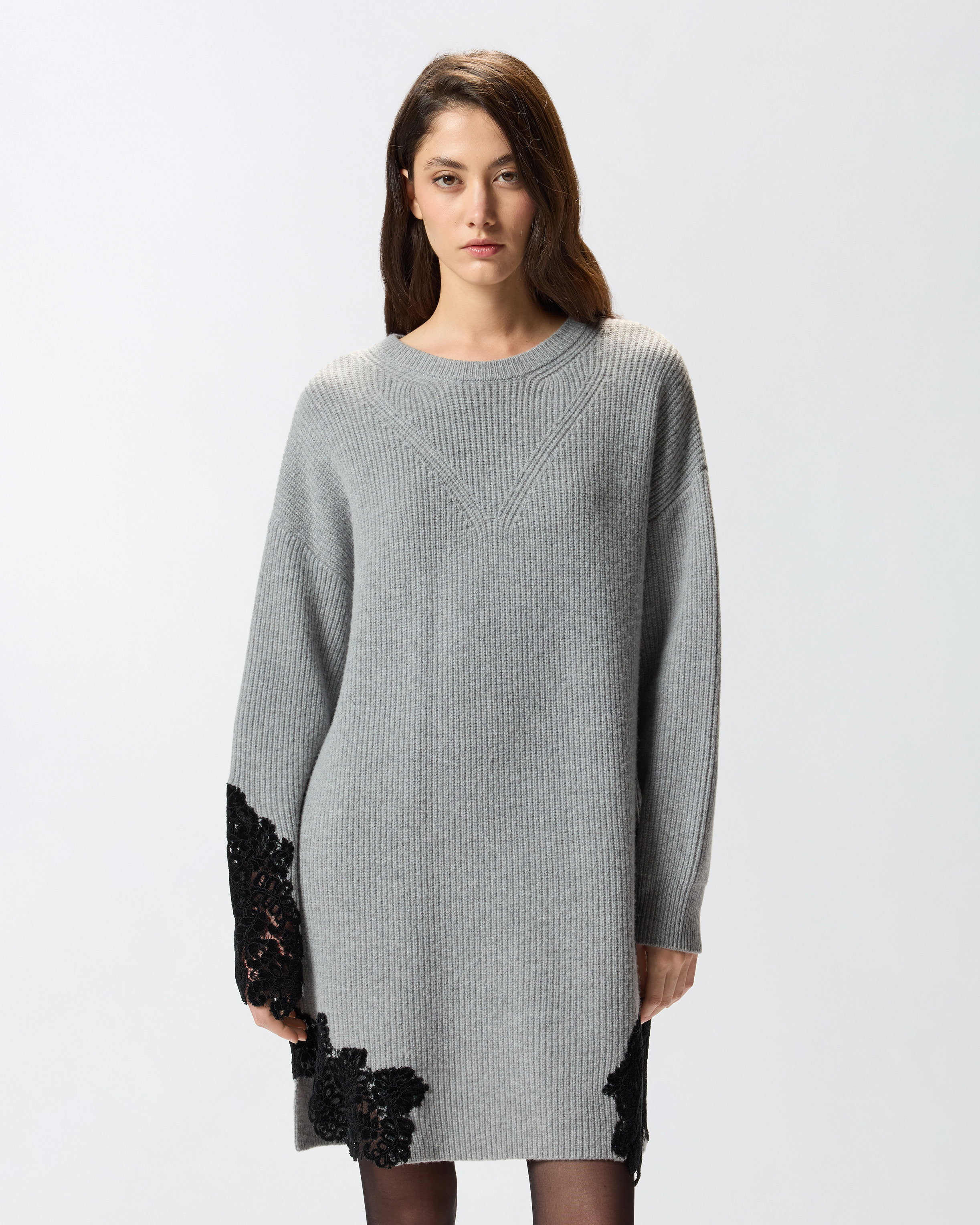 Pinko Stretch Wool Blend Dress With Lace In Gray