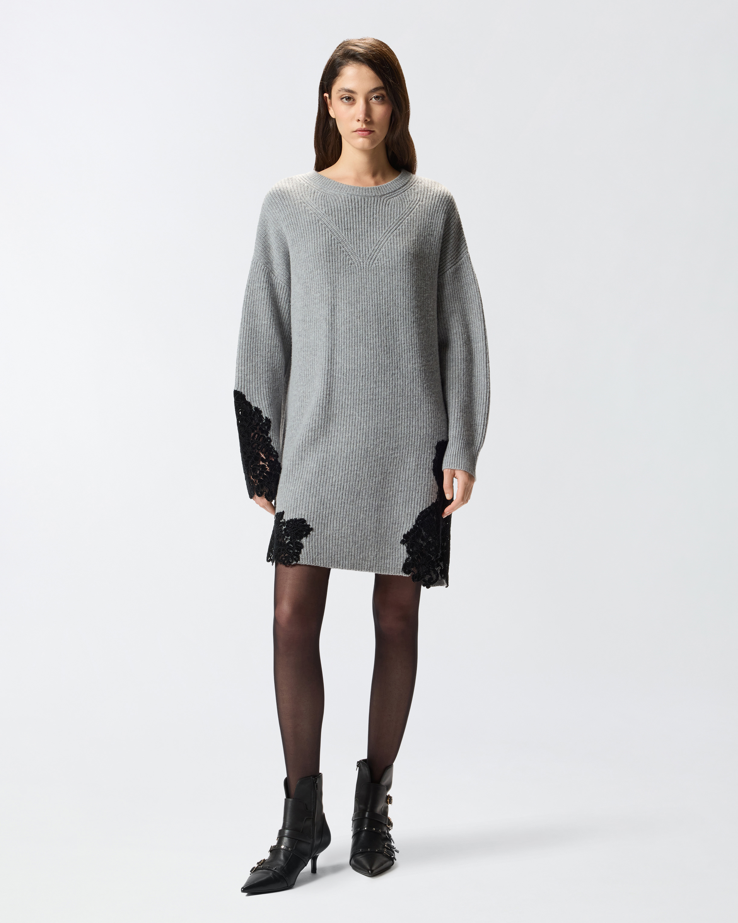Pinko Stretch Wool Blend Dress With Lace In Gray