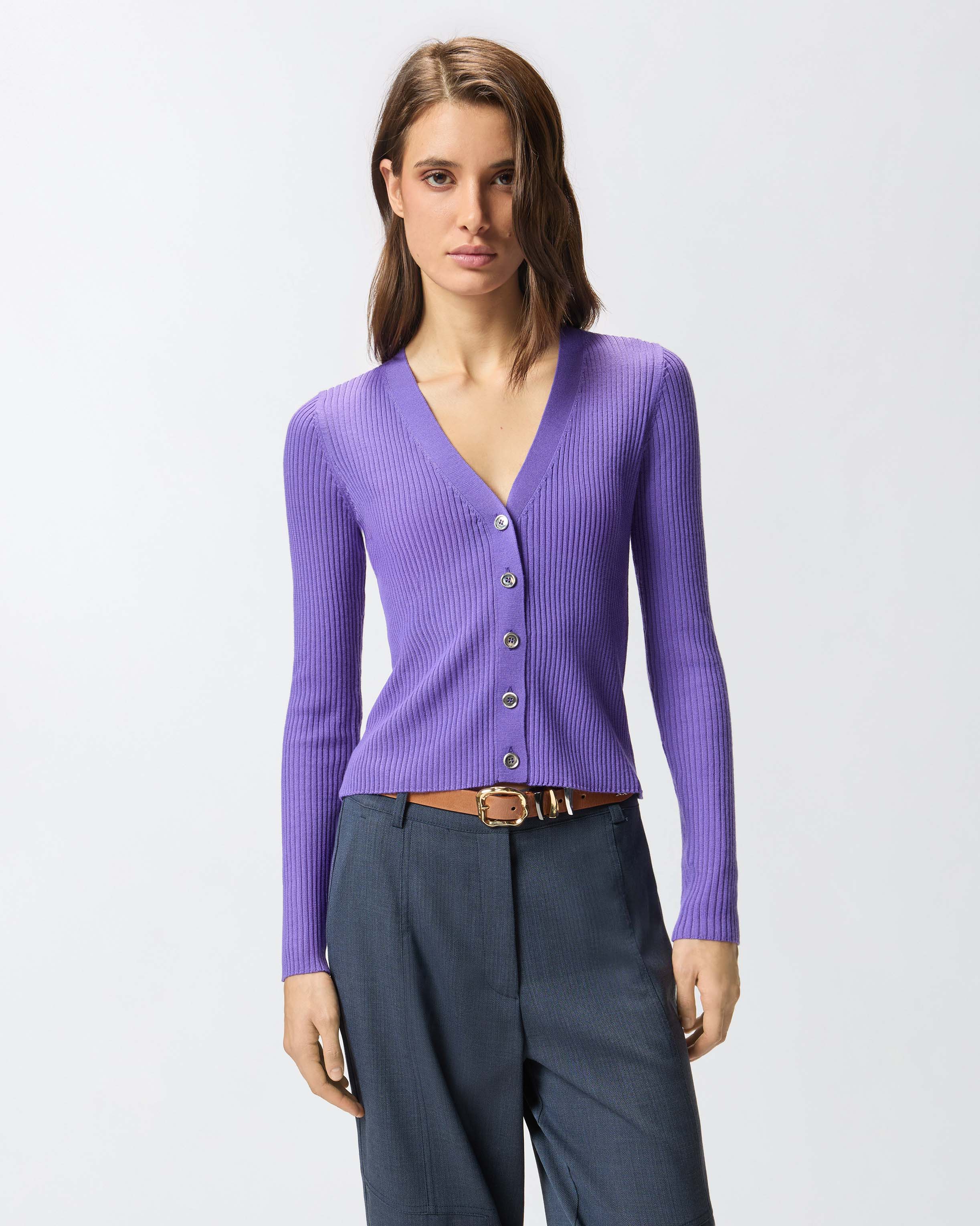 Love Birds 徽标细罗纹开衫 - 紫色 - large | Pinko 