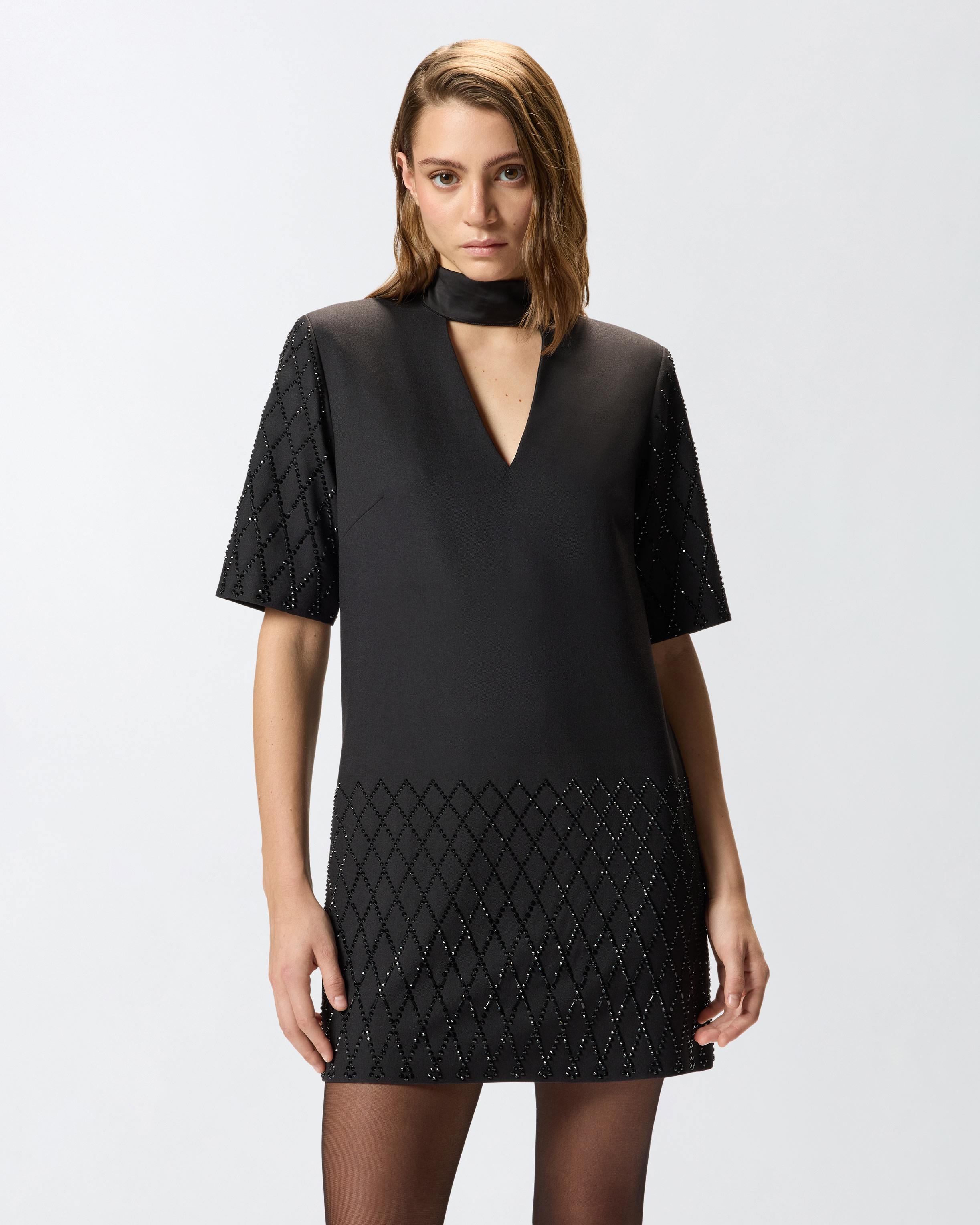 Pinko Lipogramma Short Dress With Rhinestones In Black