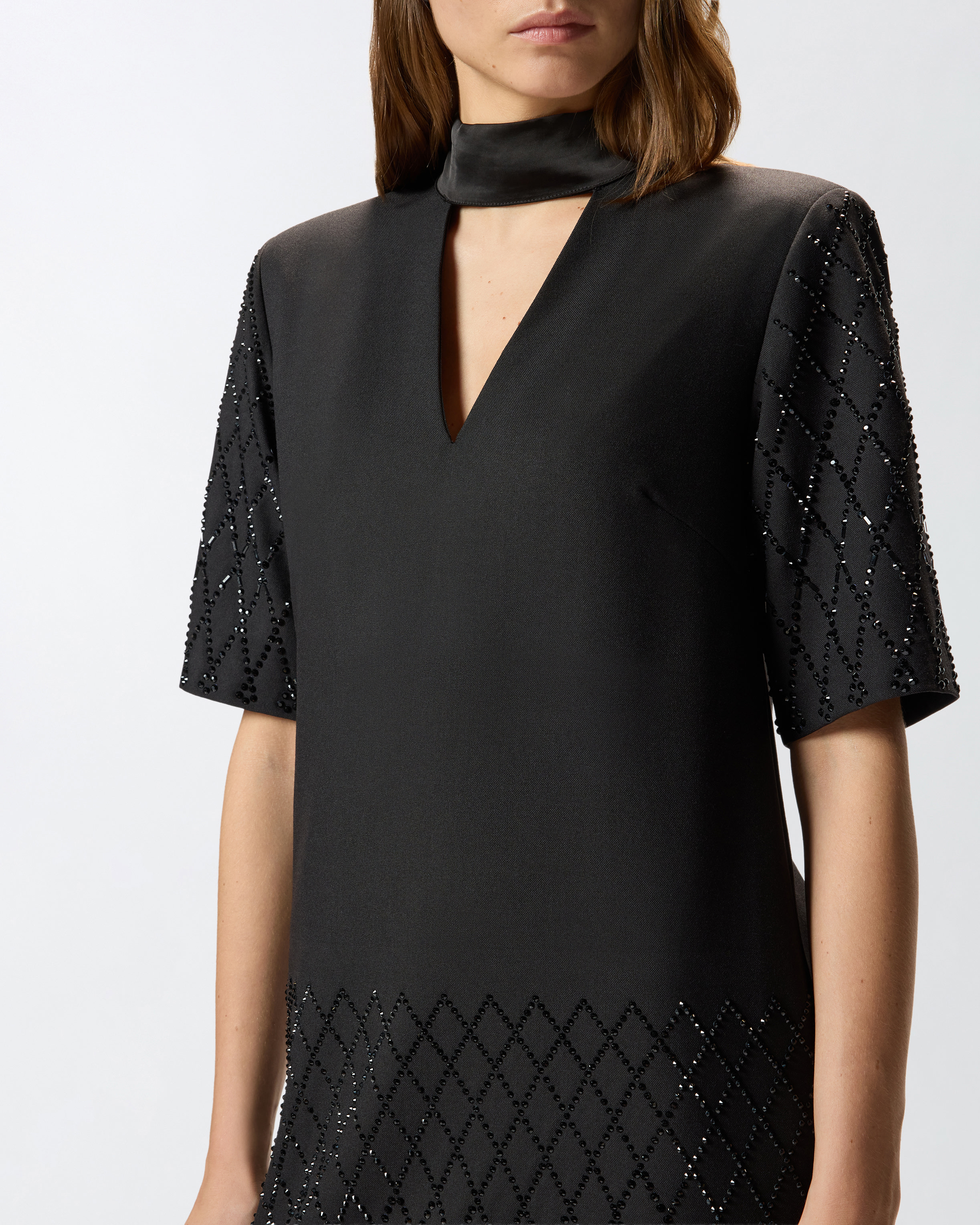 Pinko Lipogramma Short Dress With Rhinestones In Black