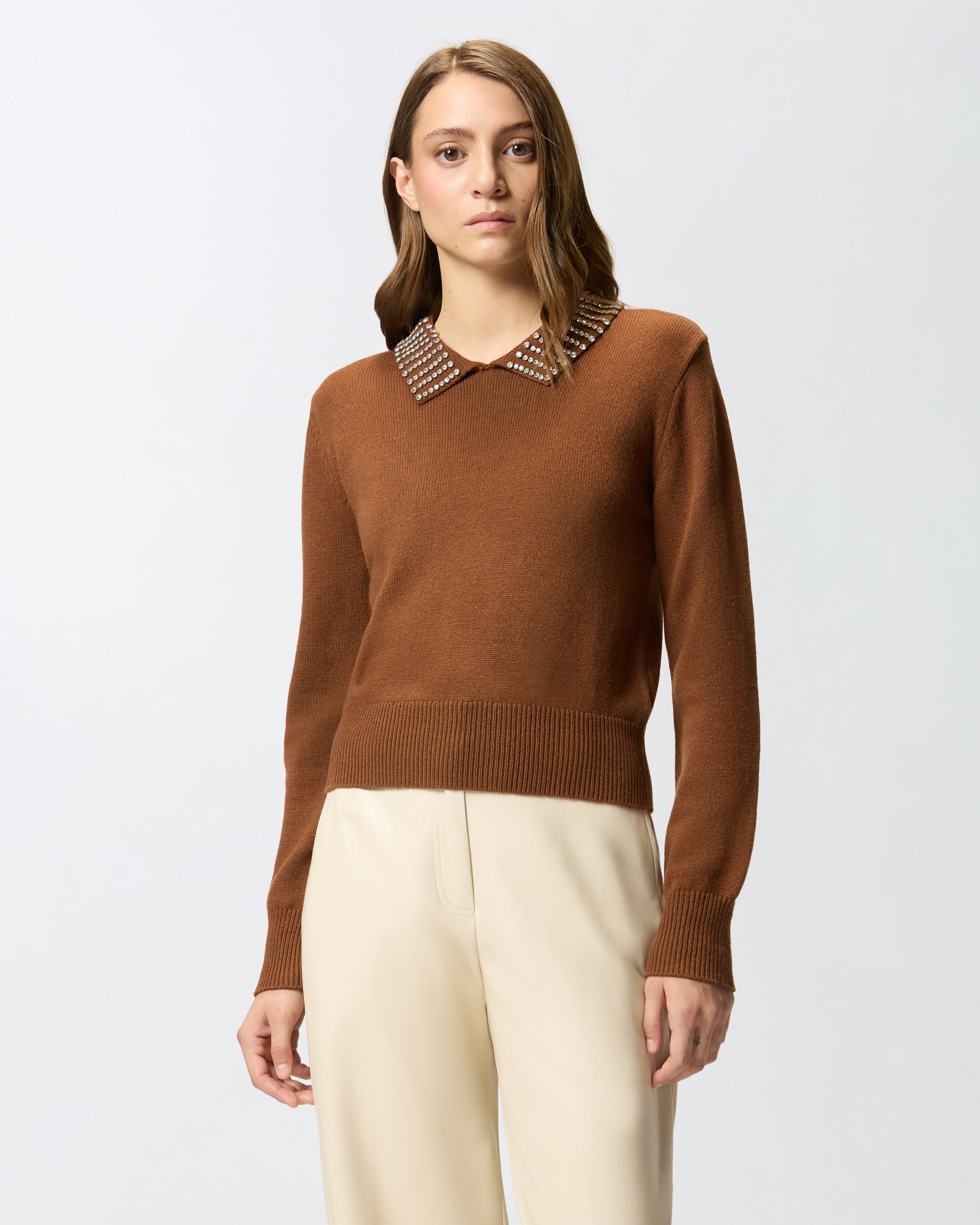 Maglia con colletto e strass - Marrone - large | Pinko 