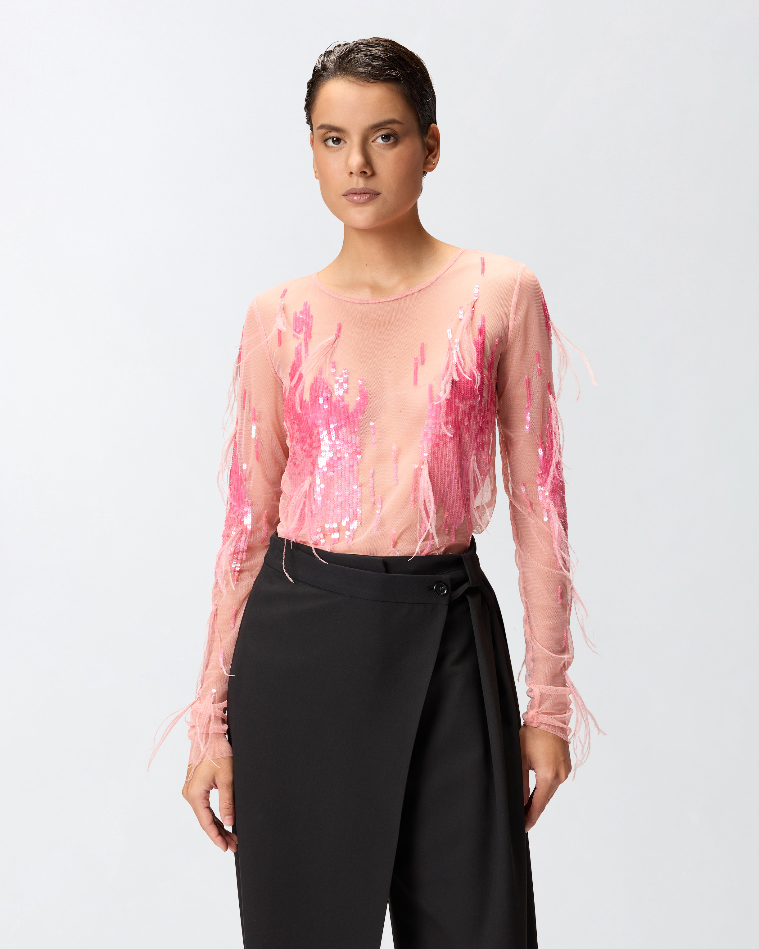 Прозрачный лонгслив с пайетками и плюмажем - МНОГОЦВЕТНЫЙ, РОЗОВЫЙ - large | Pinko 