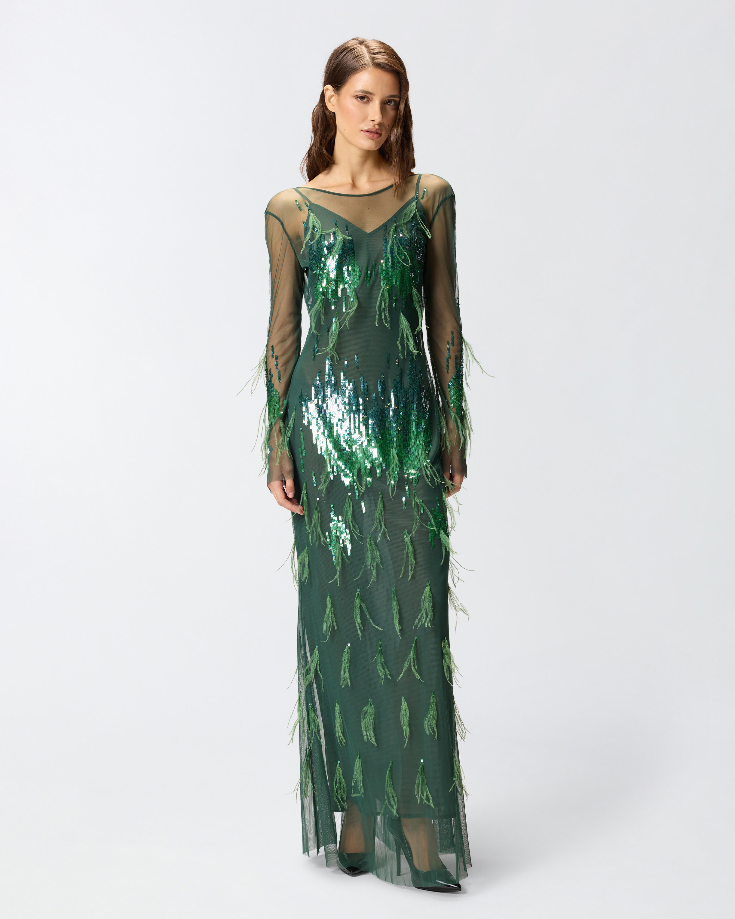 Платье с пайетками и плюмажем - ЗЕЛЕНЫЙ, МНОГОЦВЕТНЫЙ - large | Pinko 