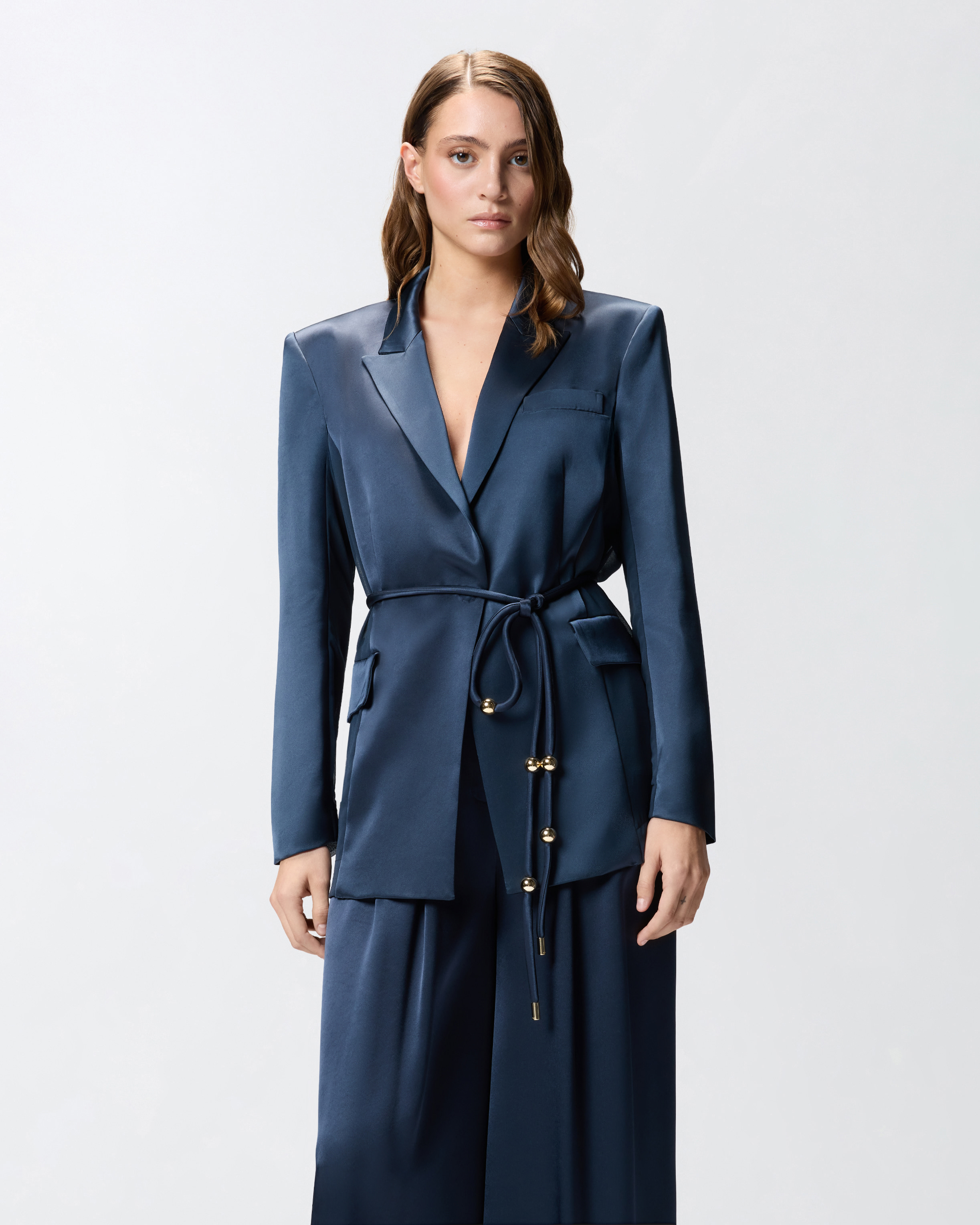 Pinko Glossy Satin Blazer With Belt And Sphere Accent In Blue