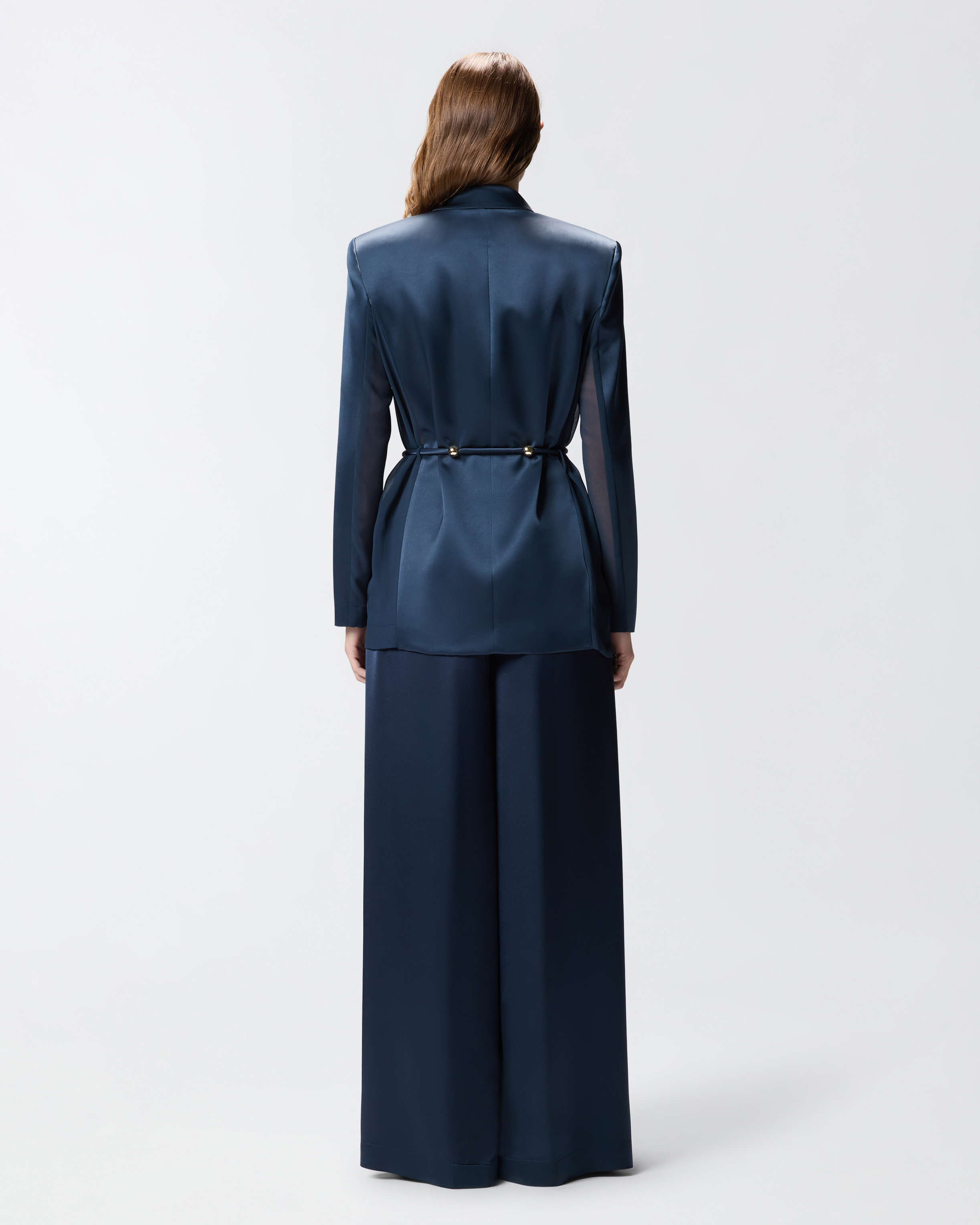 Pinko Glossy Satin Blazer With Belt And Sphere Accent In Blue