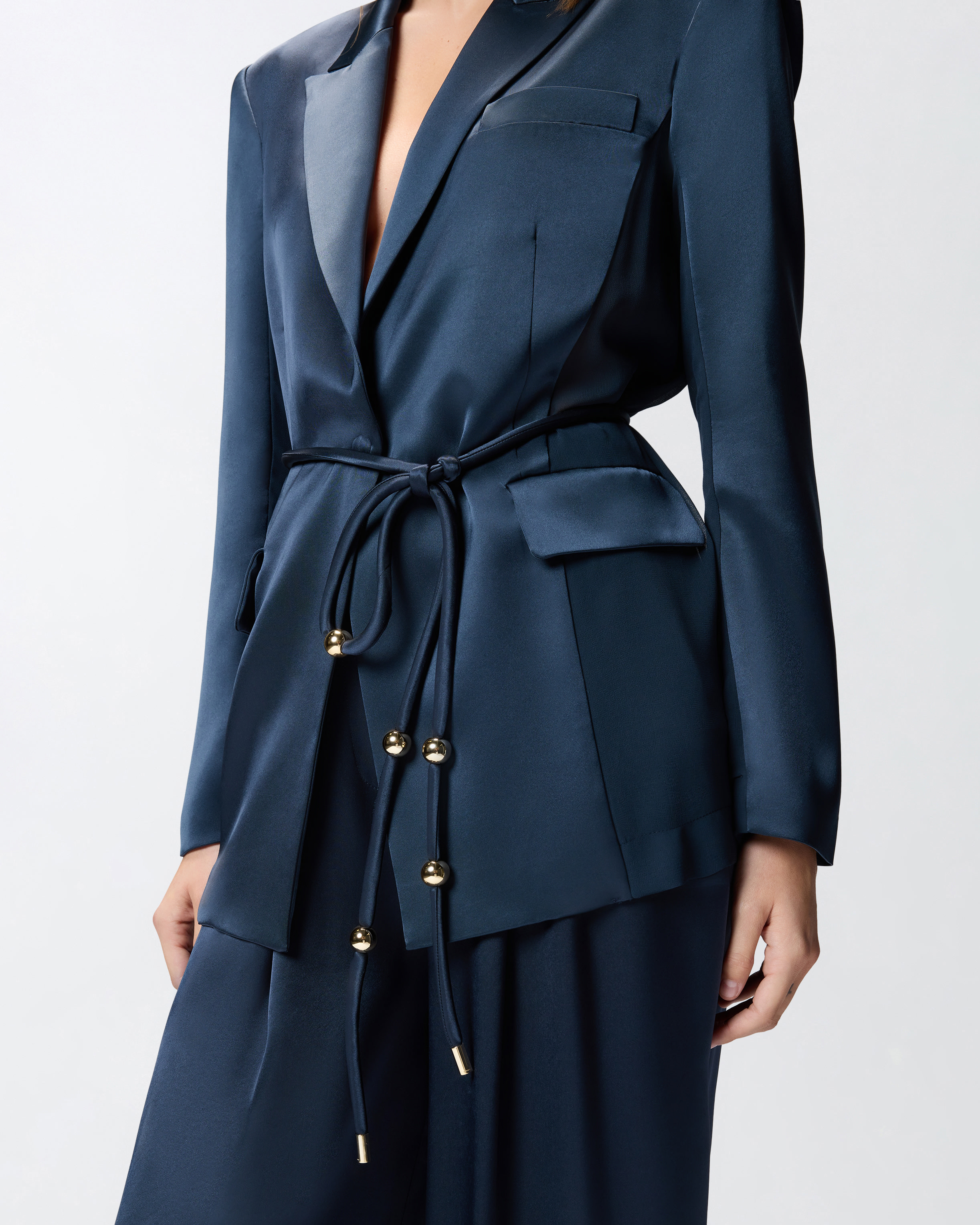 Pinko Glossy Satin Blazer With Belt And Sphere Accent In Blue