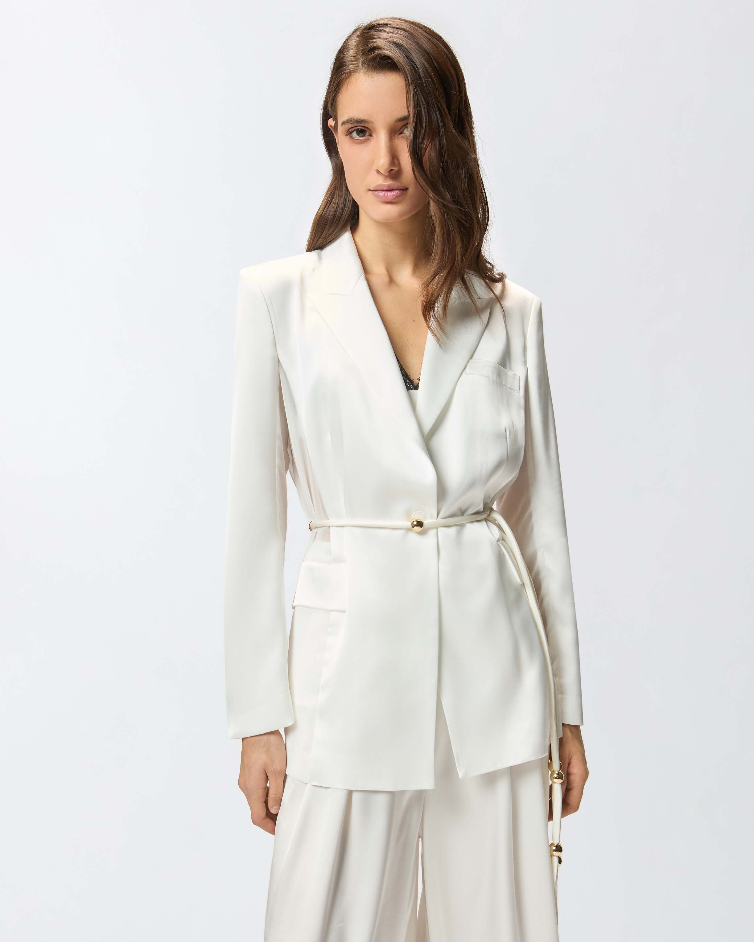 Blazer in satin lucido con cintura e boule - Bianco - large | Pinko 