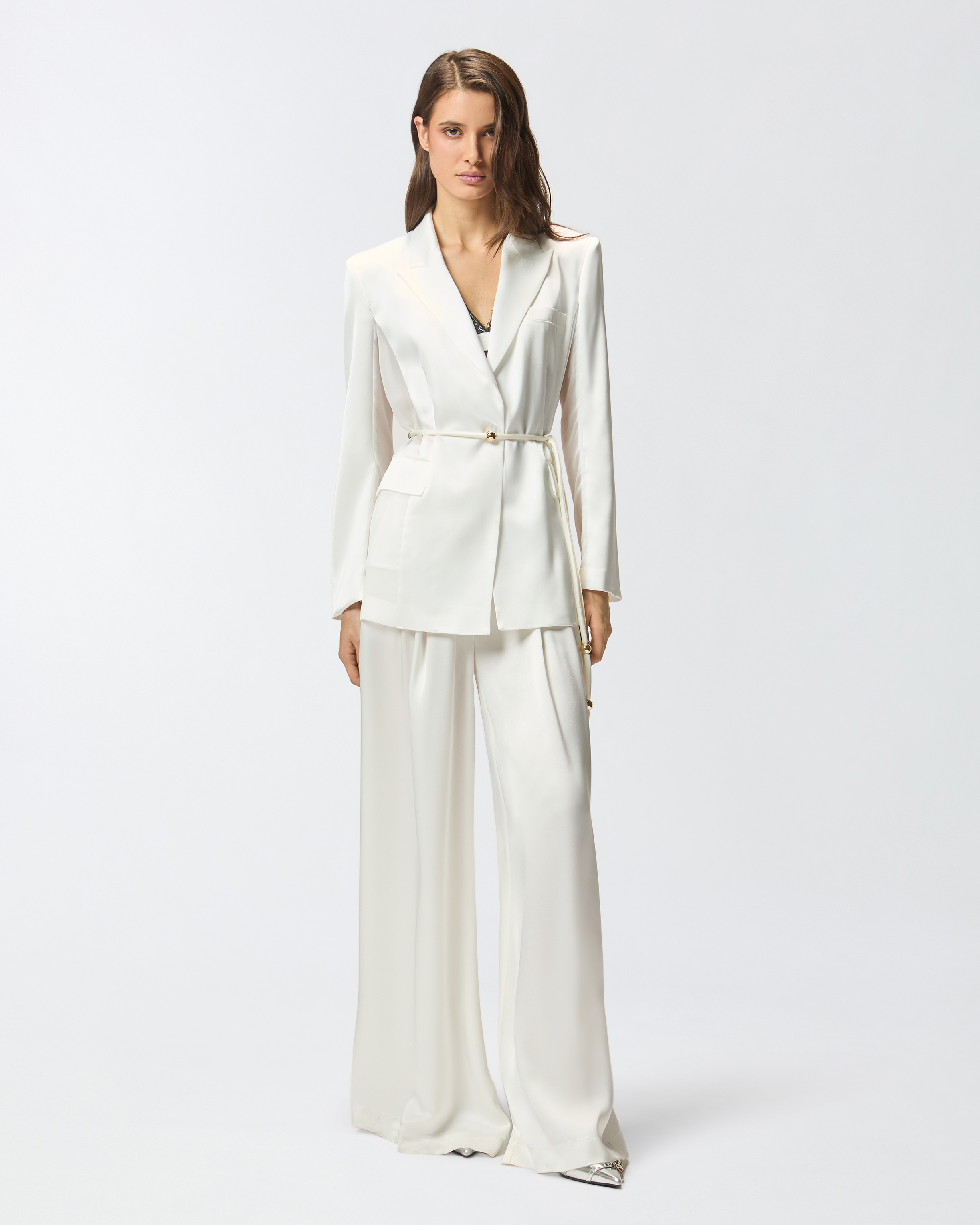 Shiny satin blazer with belt and boule 1