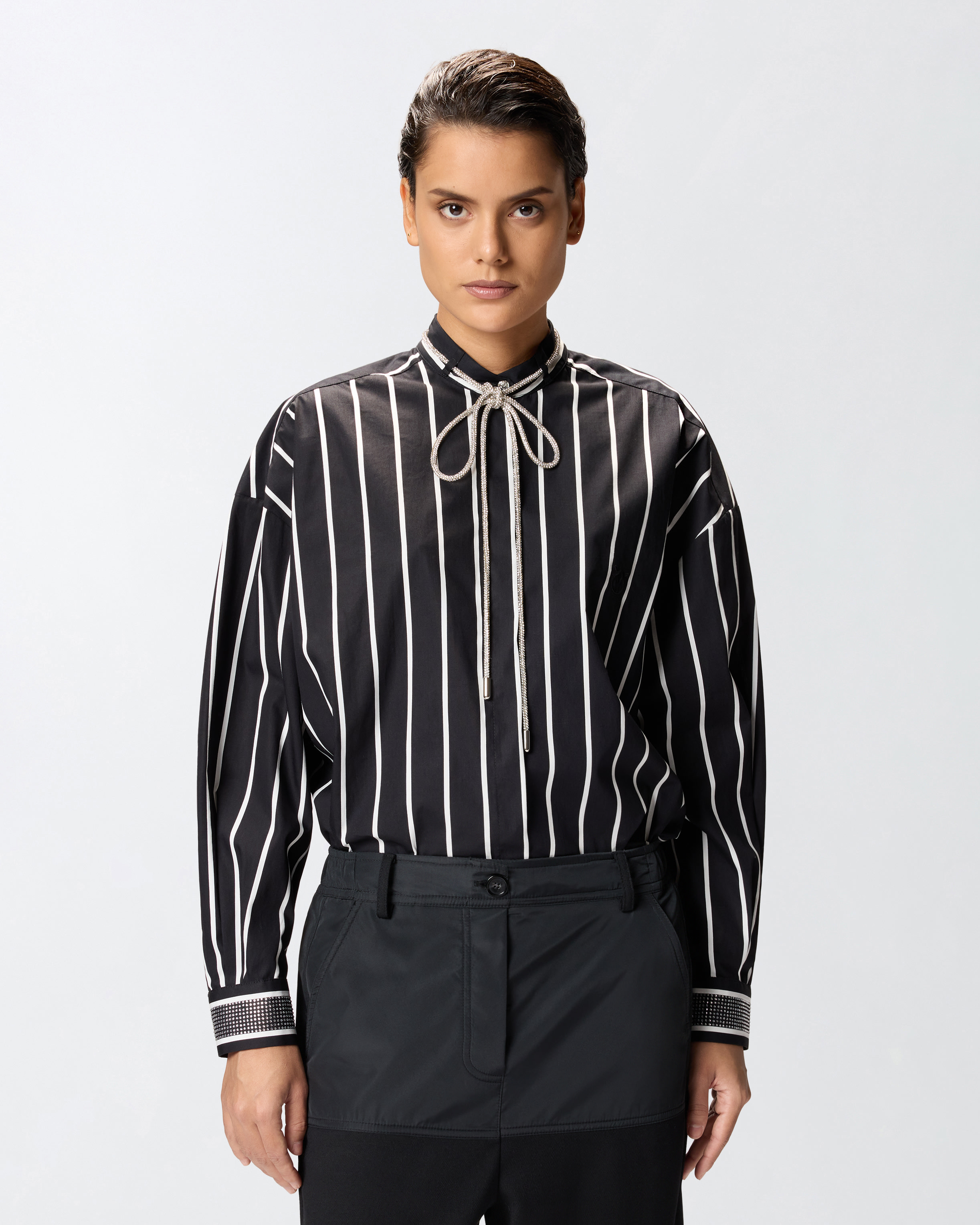 Striped shirt with shiny laces - Black, Multicolor - large | Pinko 
