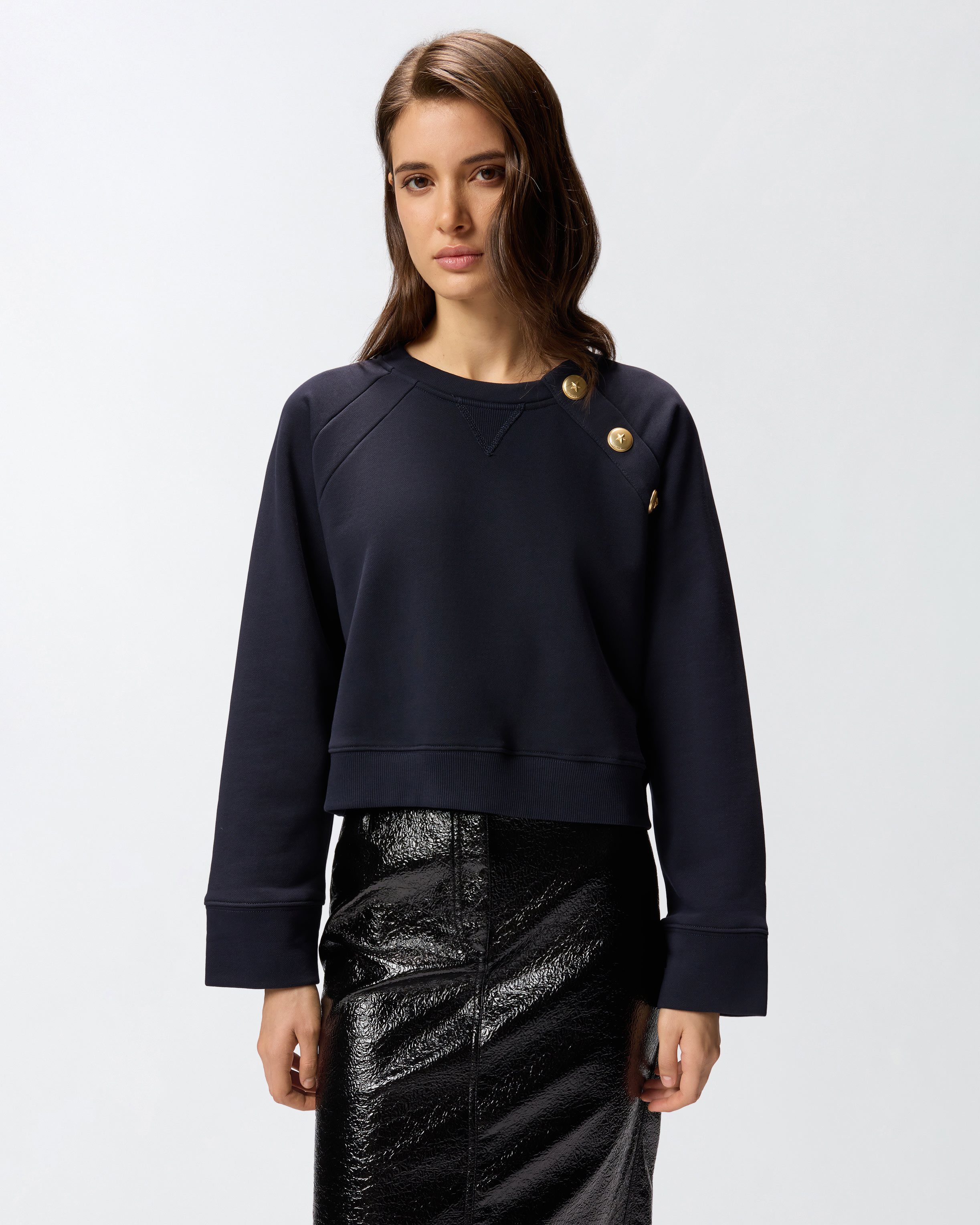 Pinko Crewneck Knitwear With Gold Logo Buttons In Blue