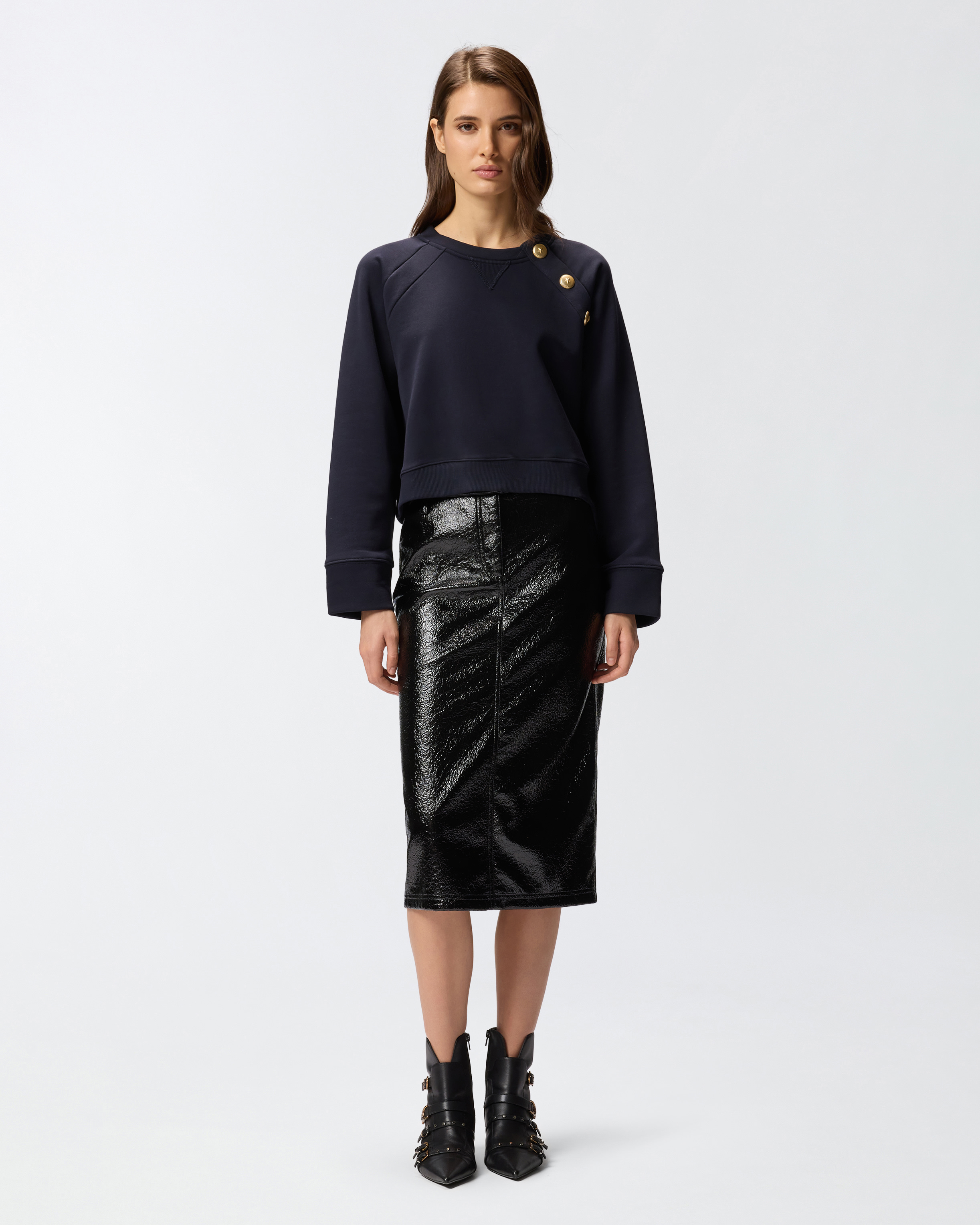 Pinko Crewneck Knitwear With Gold Logo Buttons In Blue