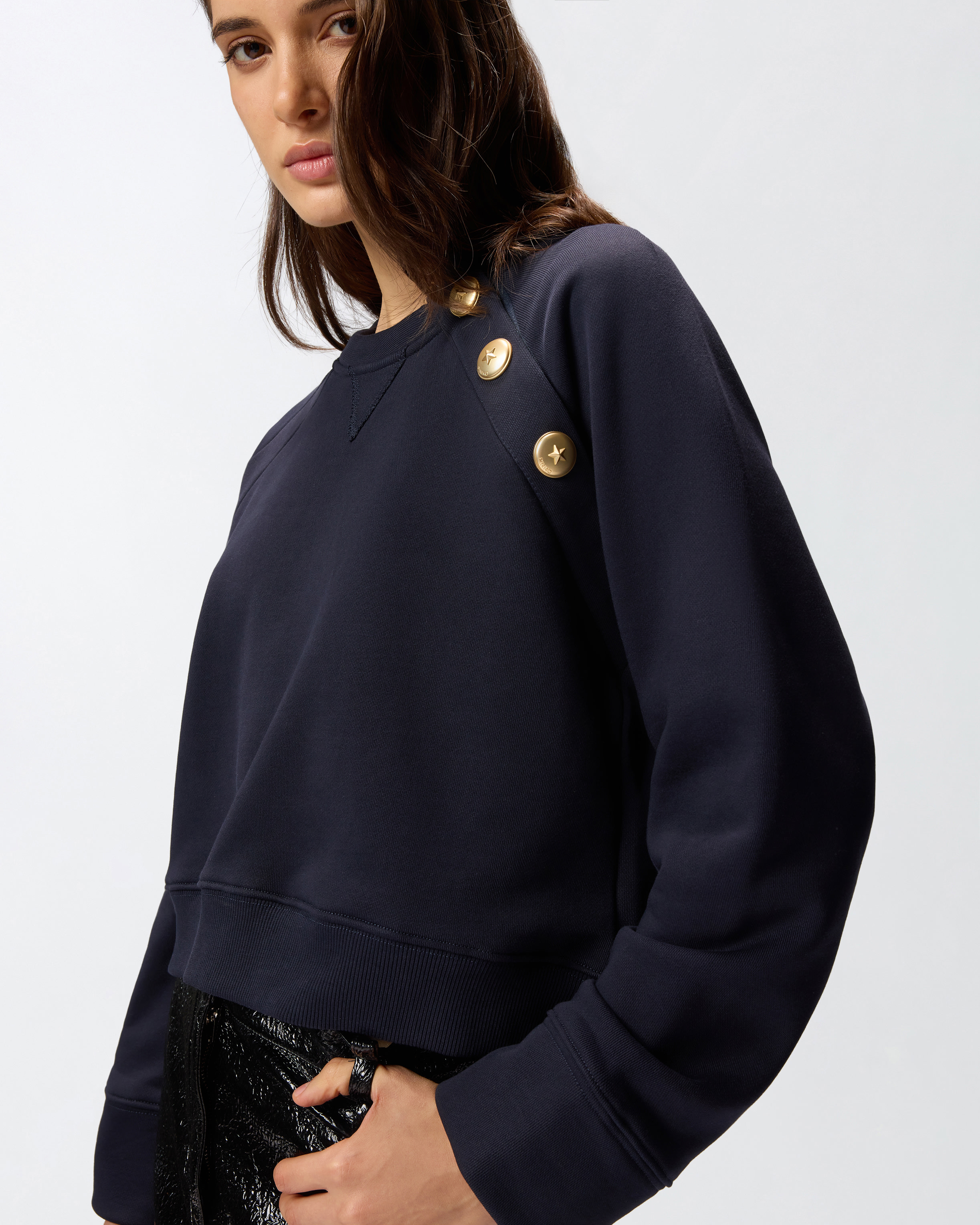 Pinko Crewneck Knitwear With Gold Logo Buttons In Blue