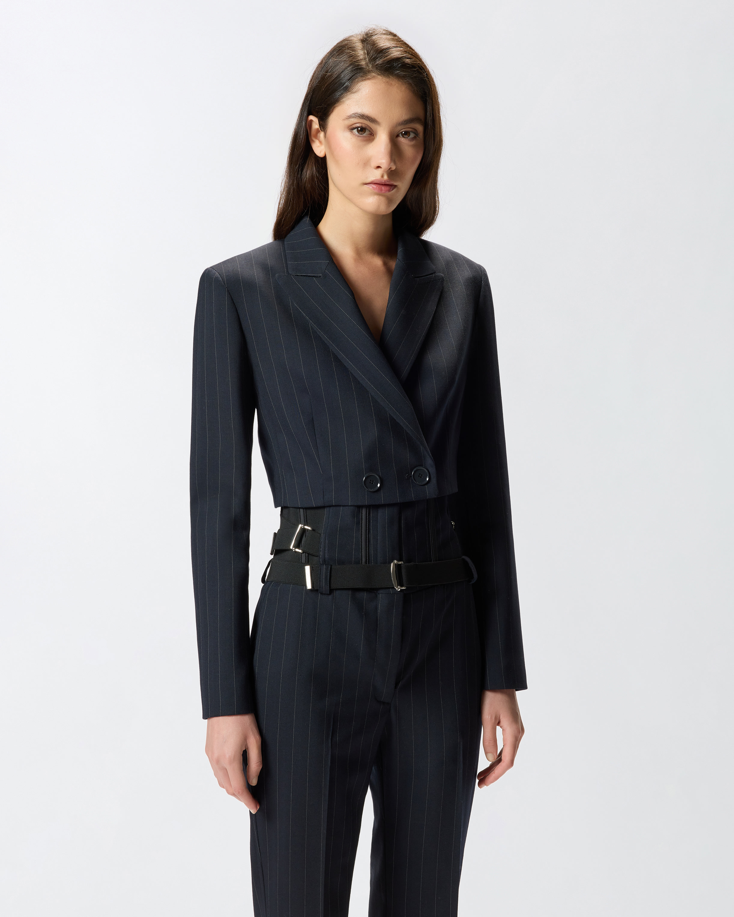 Pinko Short Pinstripe Poly Wool Blazer In Blue