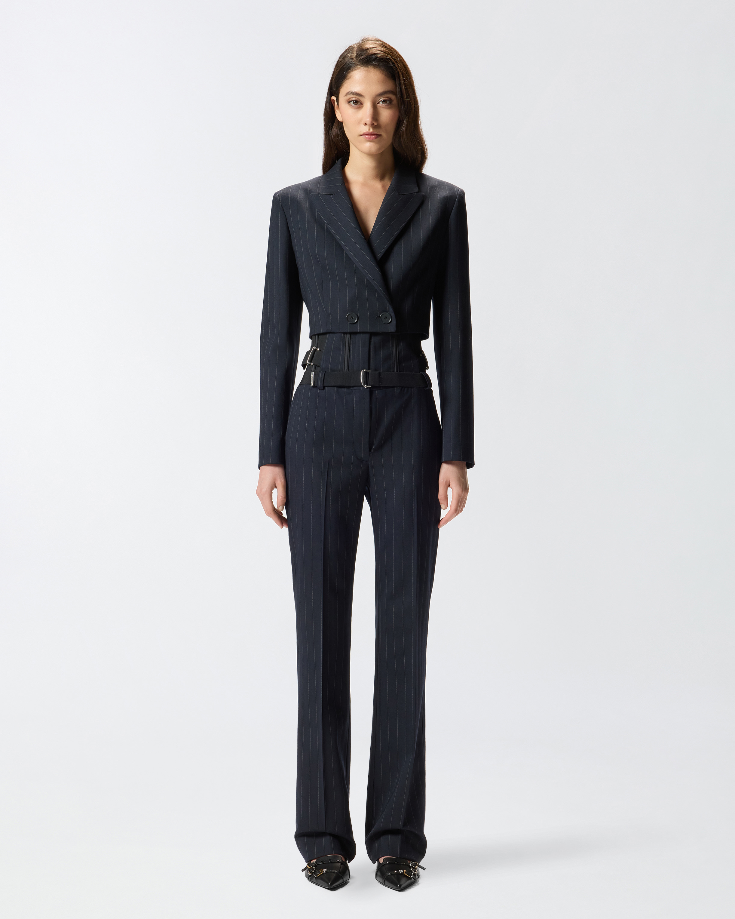 Pinko Short Pinstripe Poly Wool Blazer In Blue