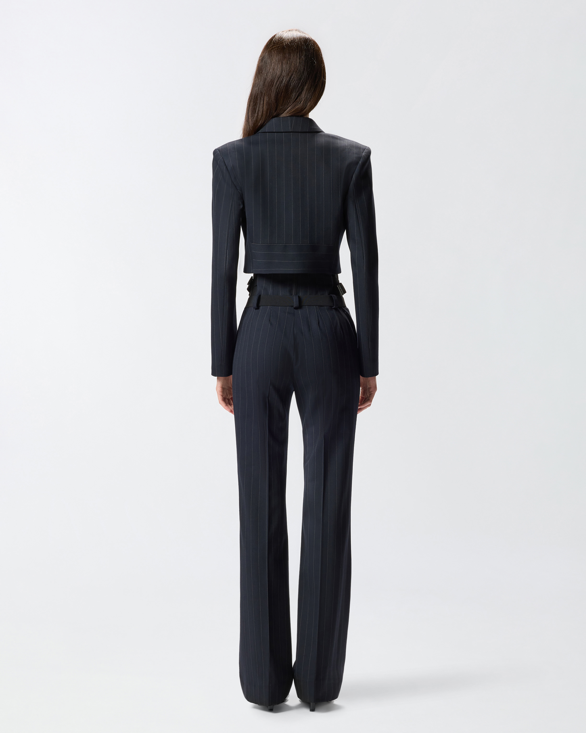Pinko Short Pinstripe Poly Wool Blazer In Blue