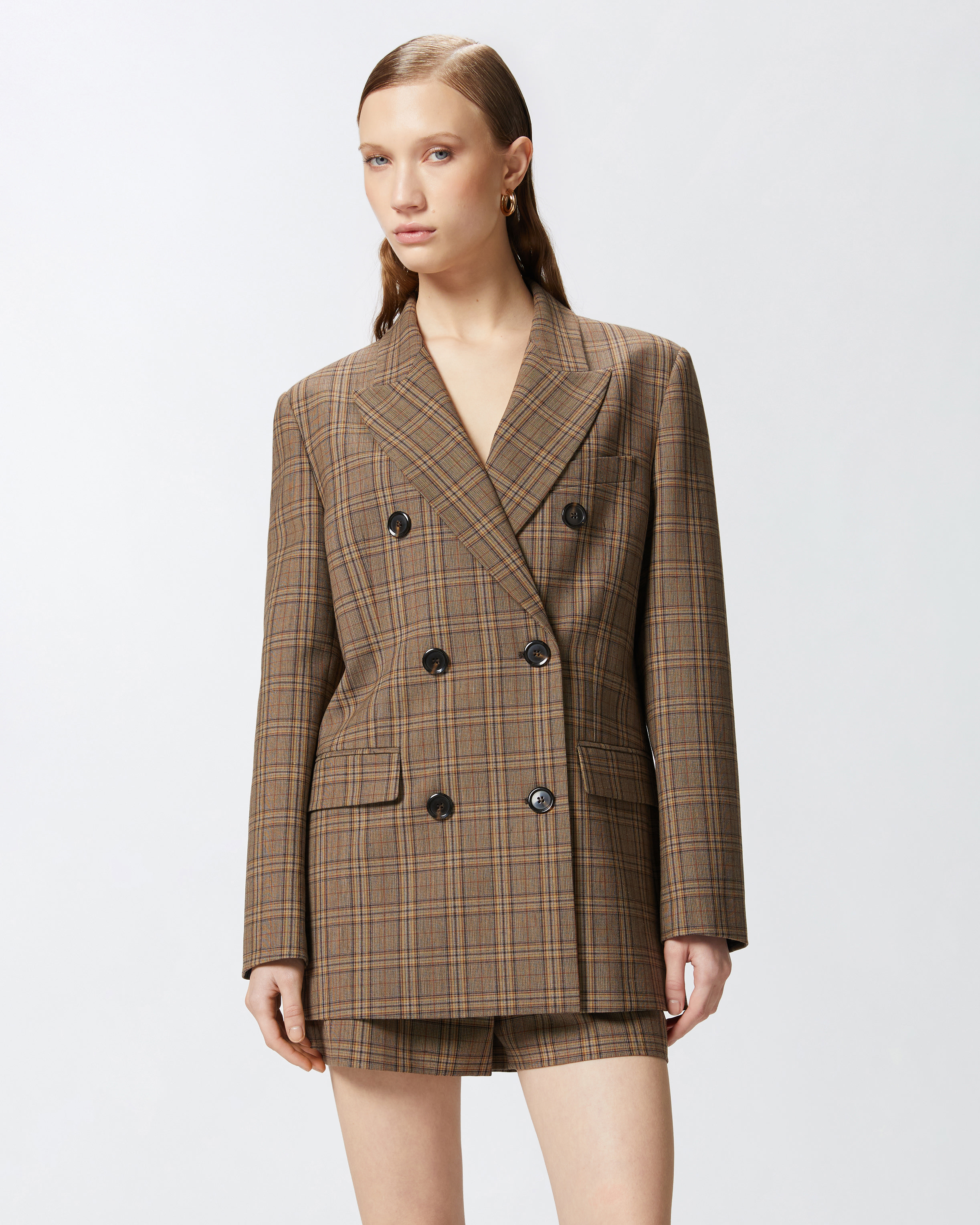 Pinko Double-breasted Blazer With Checked Pattern In Brown Camel