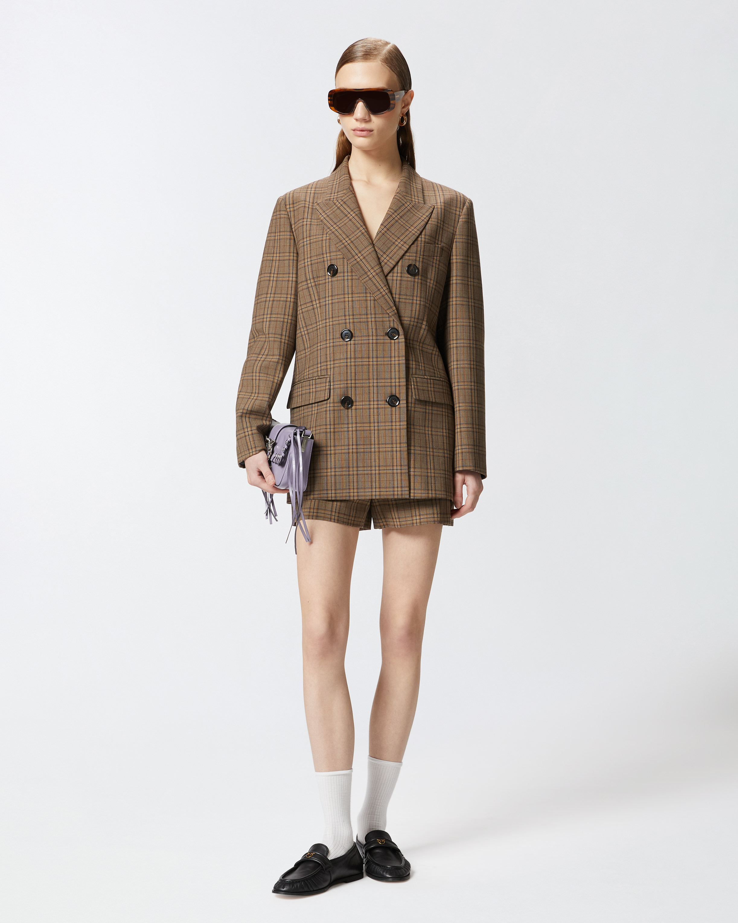 Pinko Double-breasted Blazer With Checked Pattern In Brown Camel