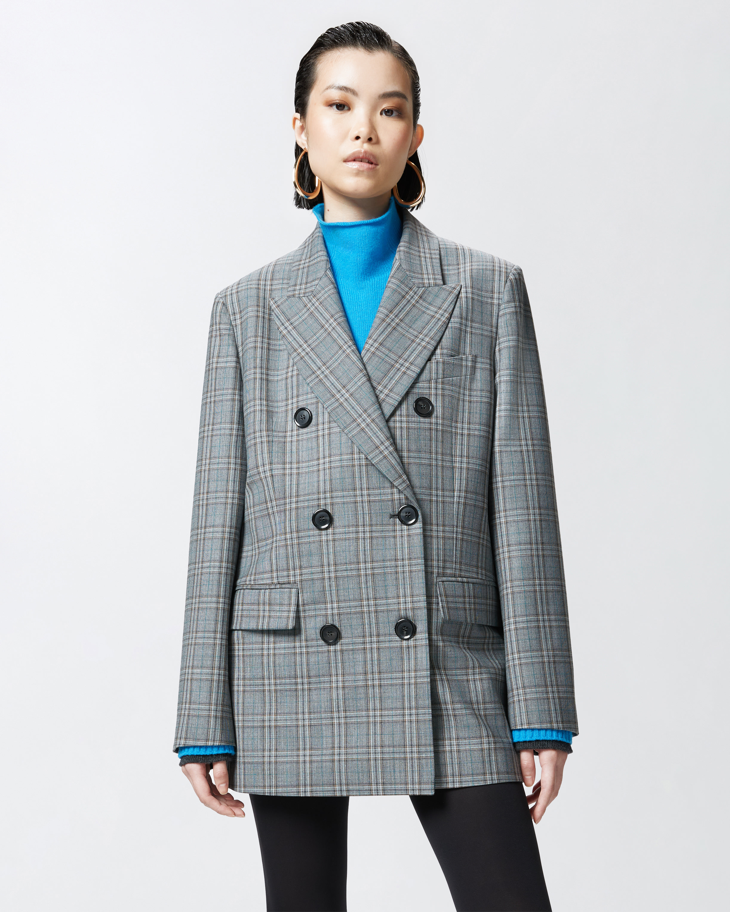 Pinko Double-breasted Check Blazer In Gray