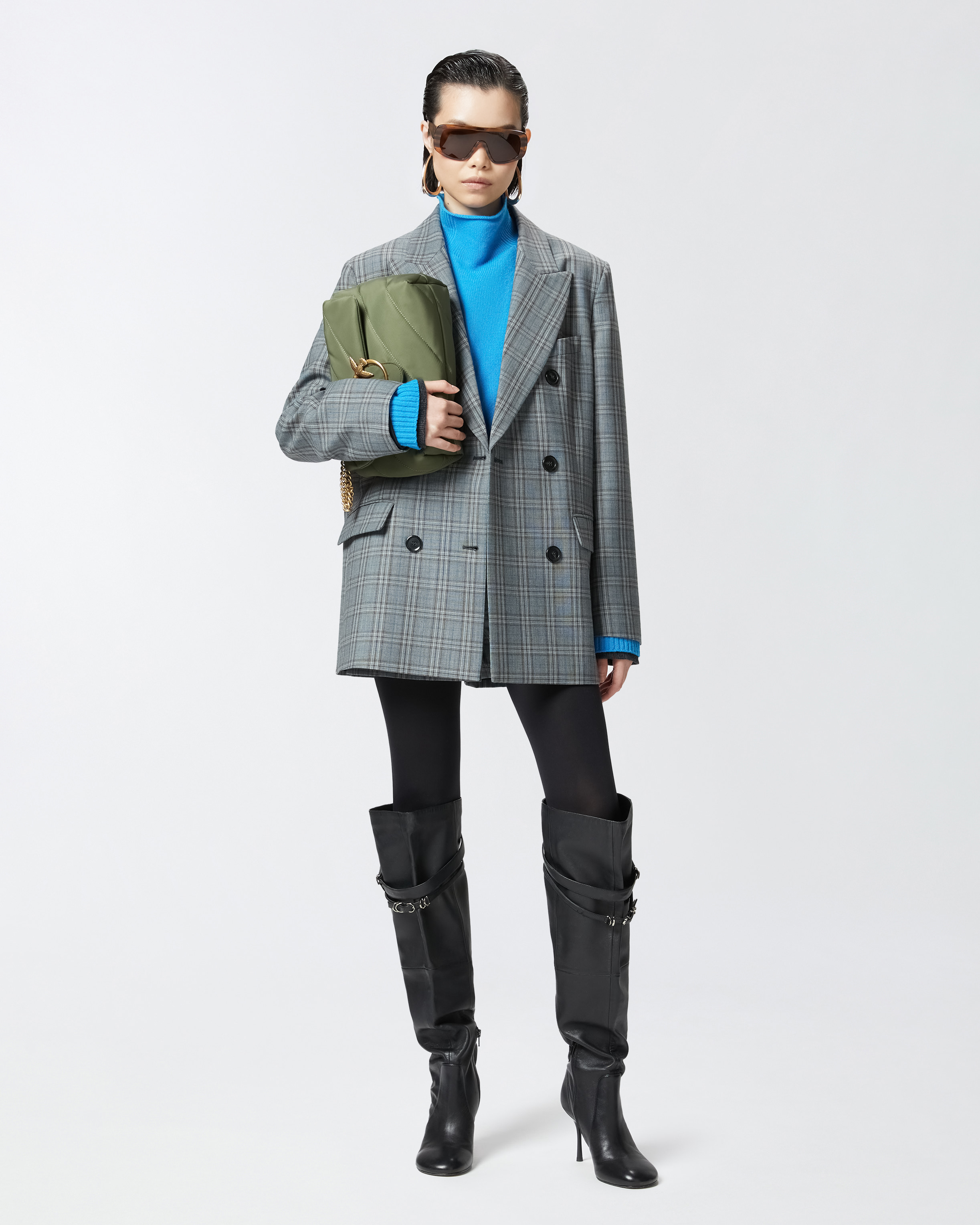 Pinko Double-breasted Check Blazer In Gray
