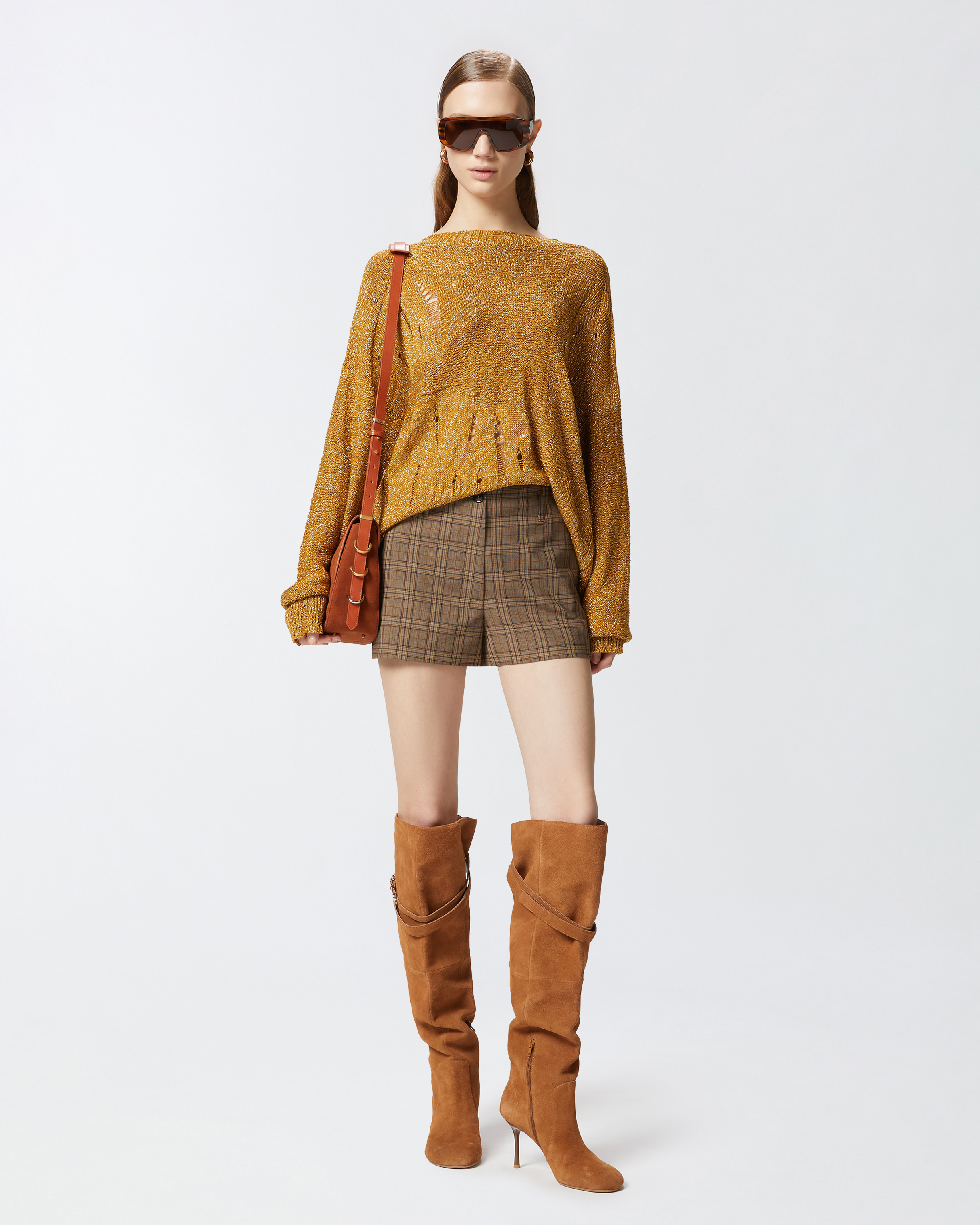 Pinko Wide Shorts With Checked Pattern In Brown Camel