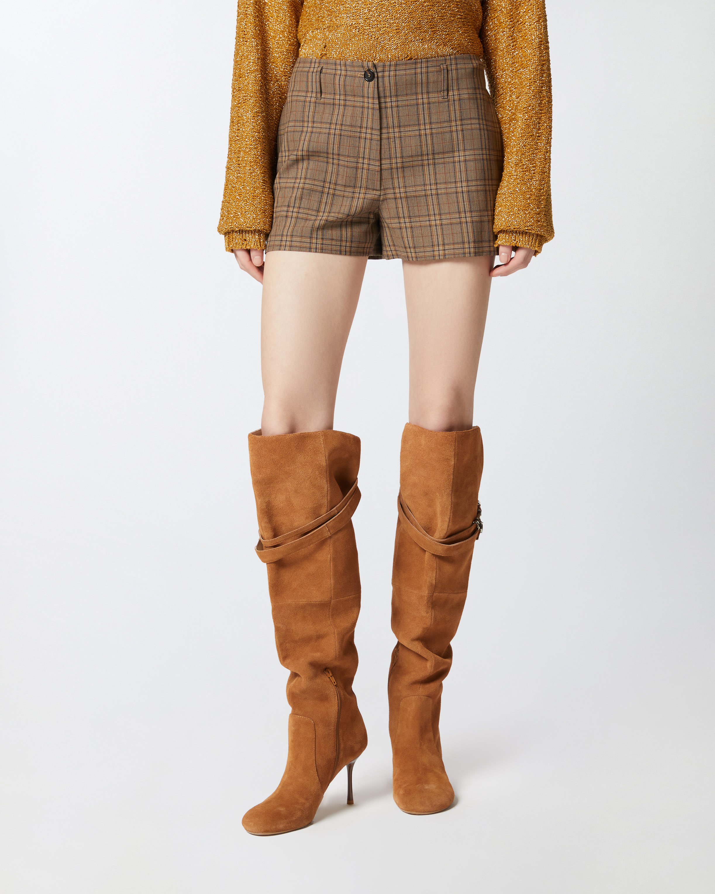 Pinko Wide Shorts With Checked Pattern In Brown Camel