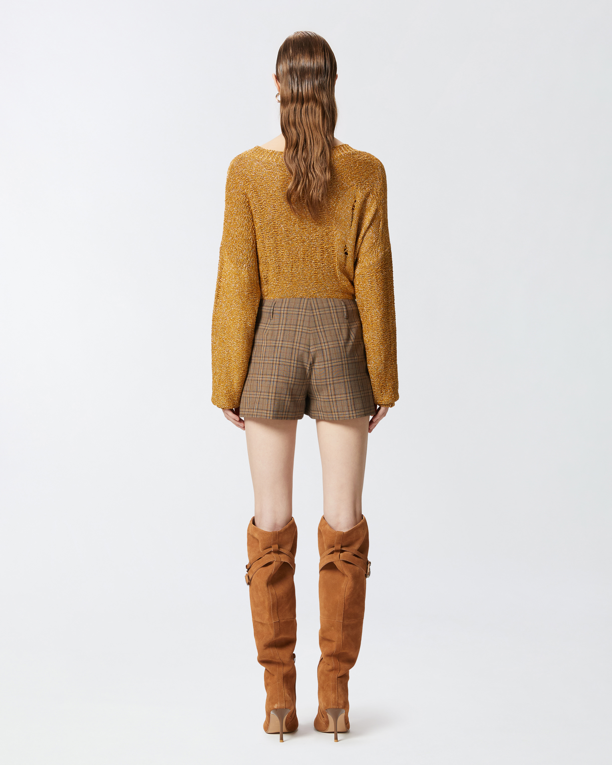 Pinko Wide Shorts With Checked Pattern In Brown Camel
