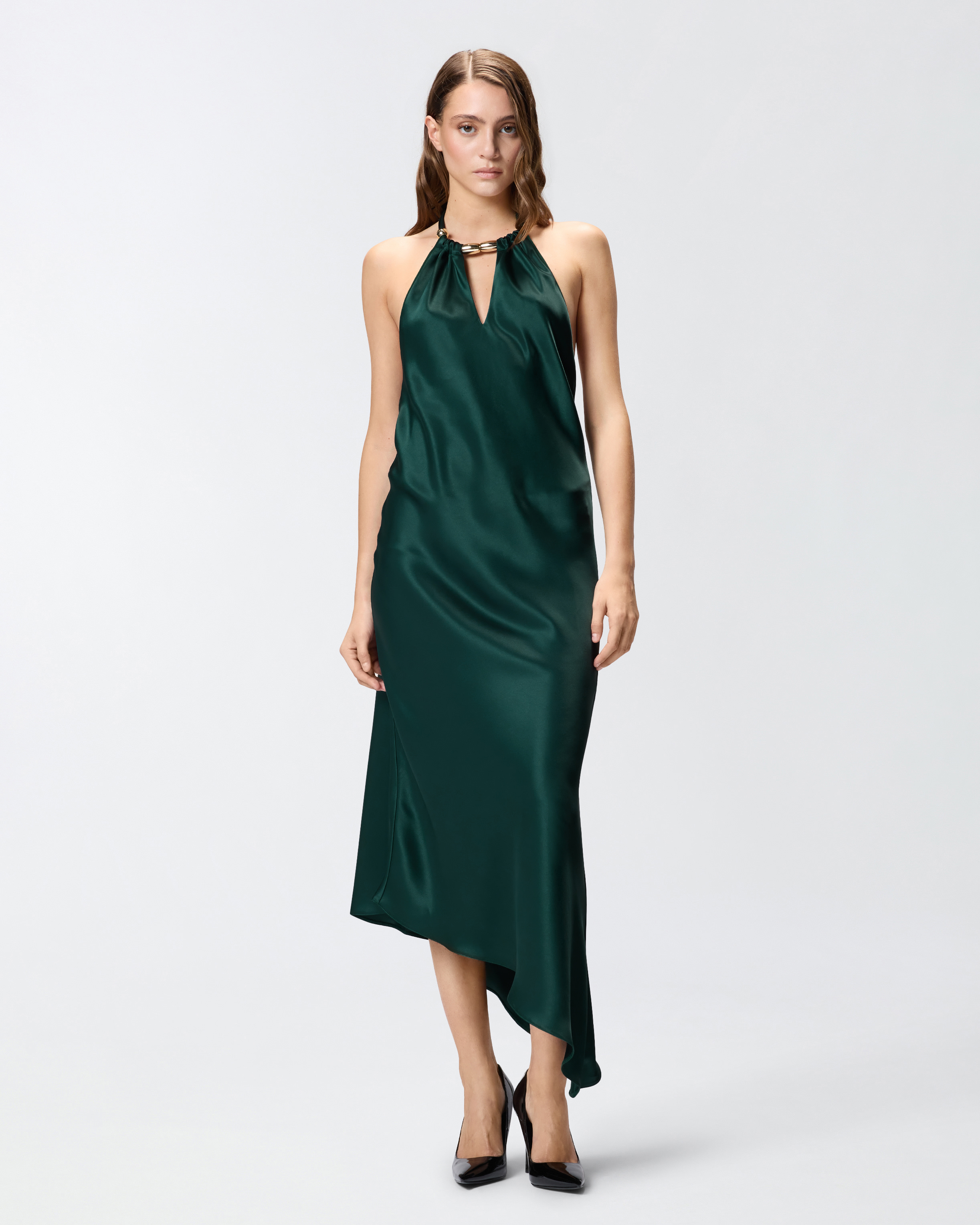 Pinko Halterneck Asymmetric Midi Dress In Green