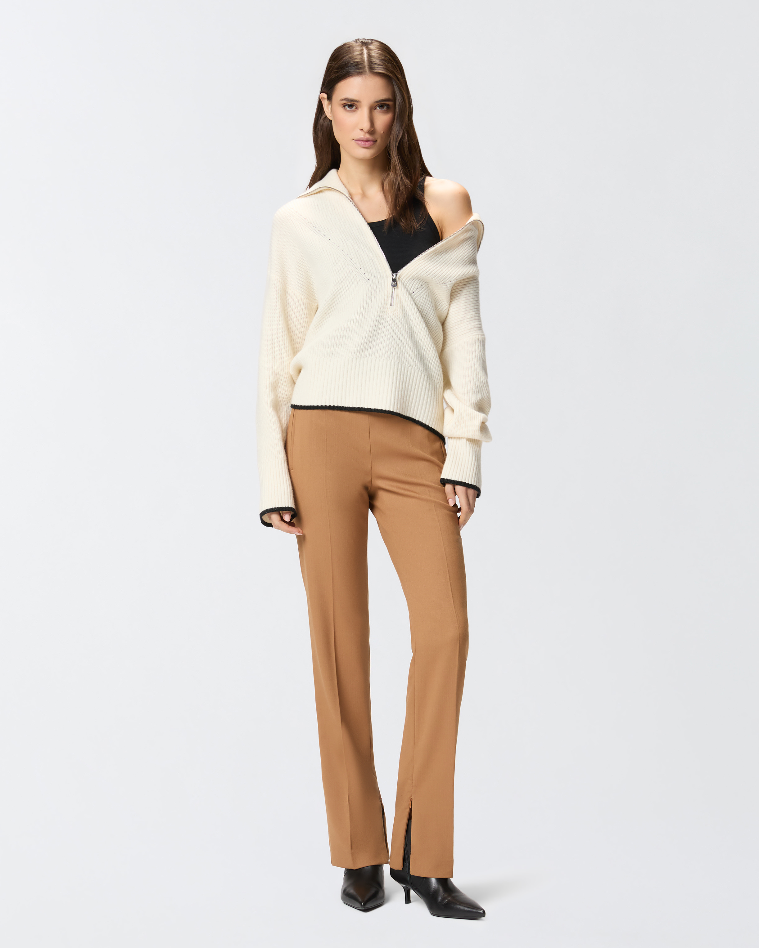 Pantalon taille haute en laine tissée - Beige - large | Pinko 