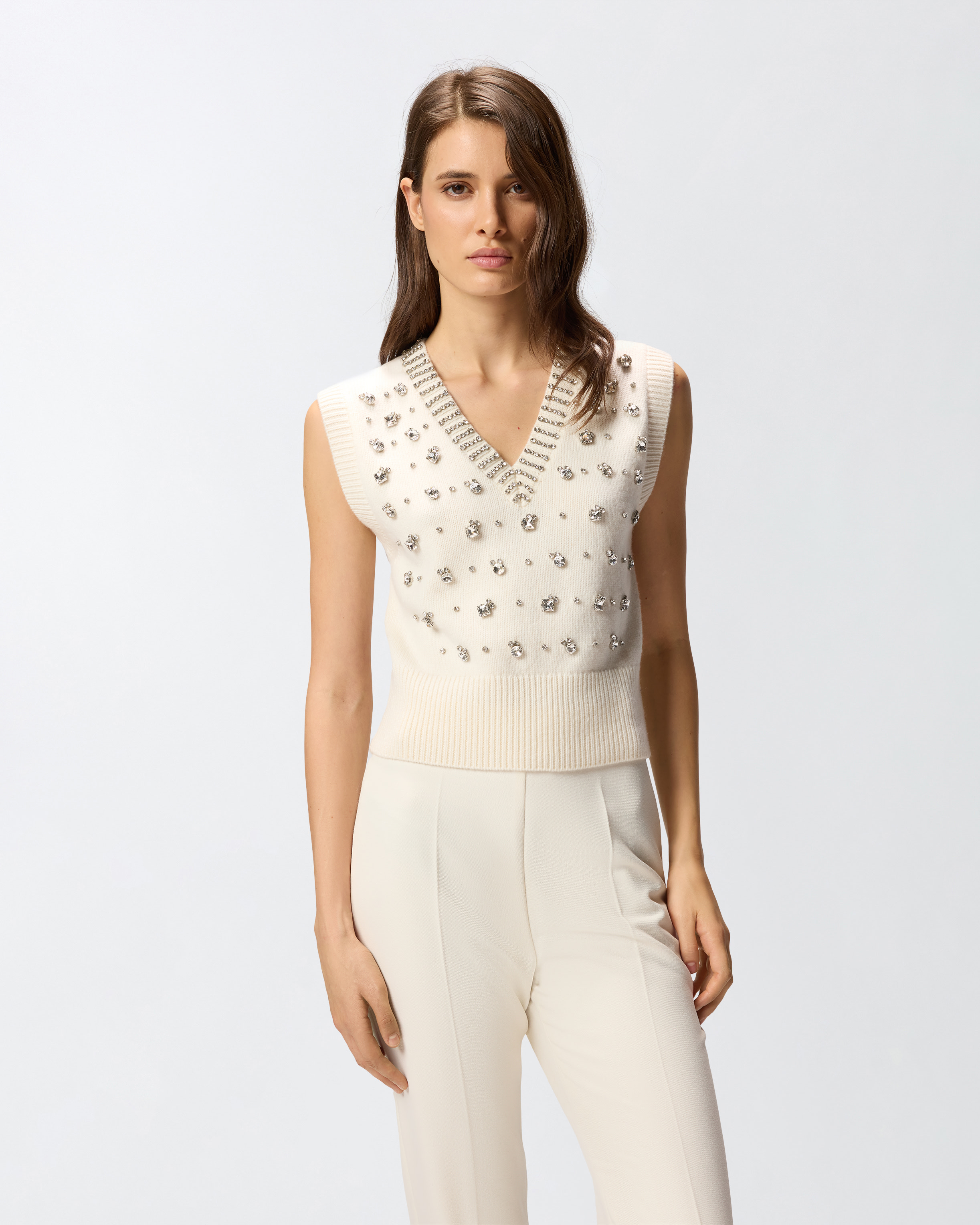 Knit vest with rhinestones - White - large | Pinko 