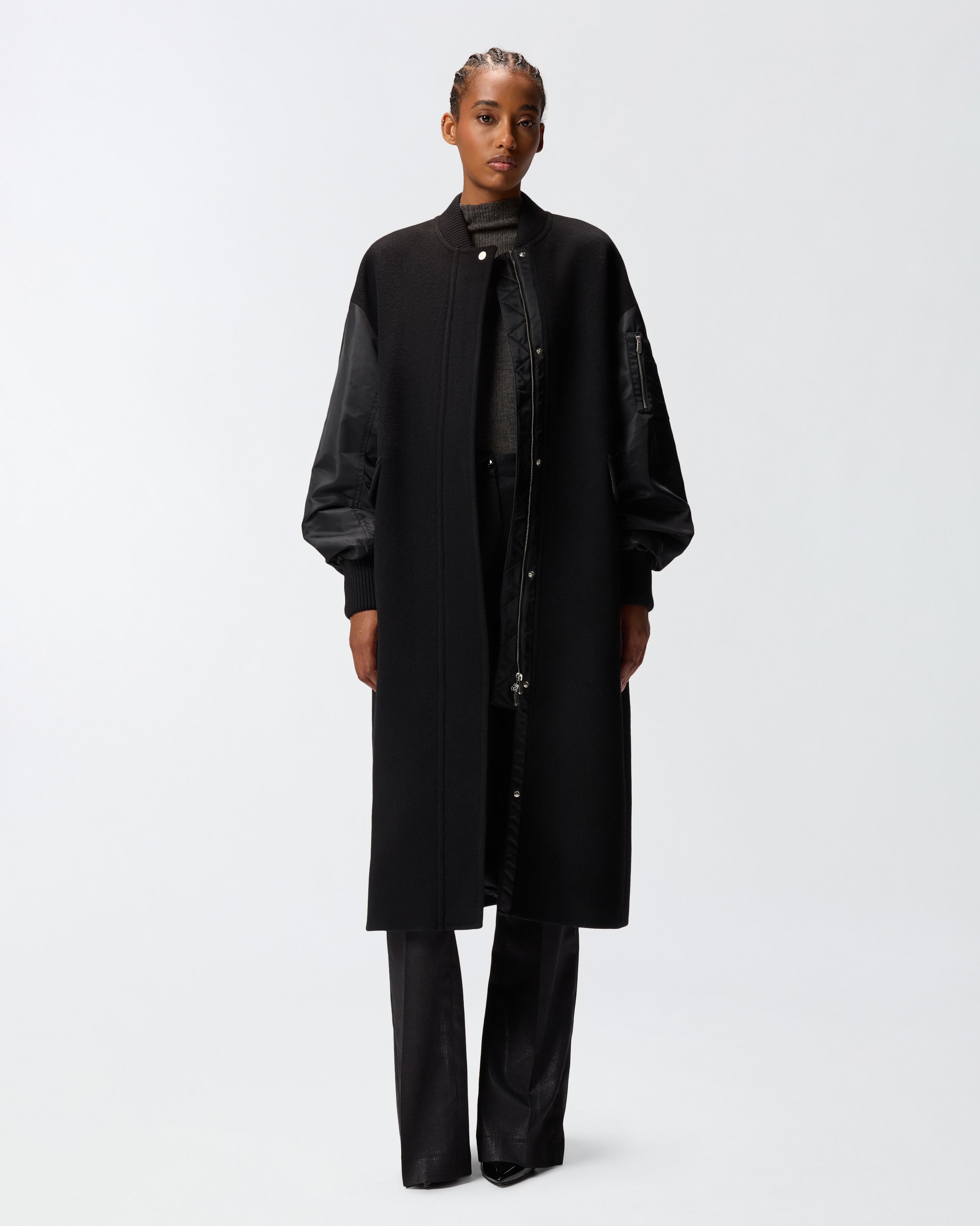 Pinko Long Coat In Wool-blend Cloth And Technical Satin In Black