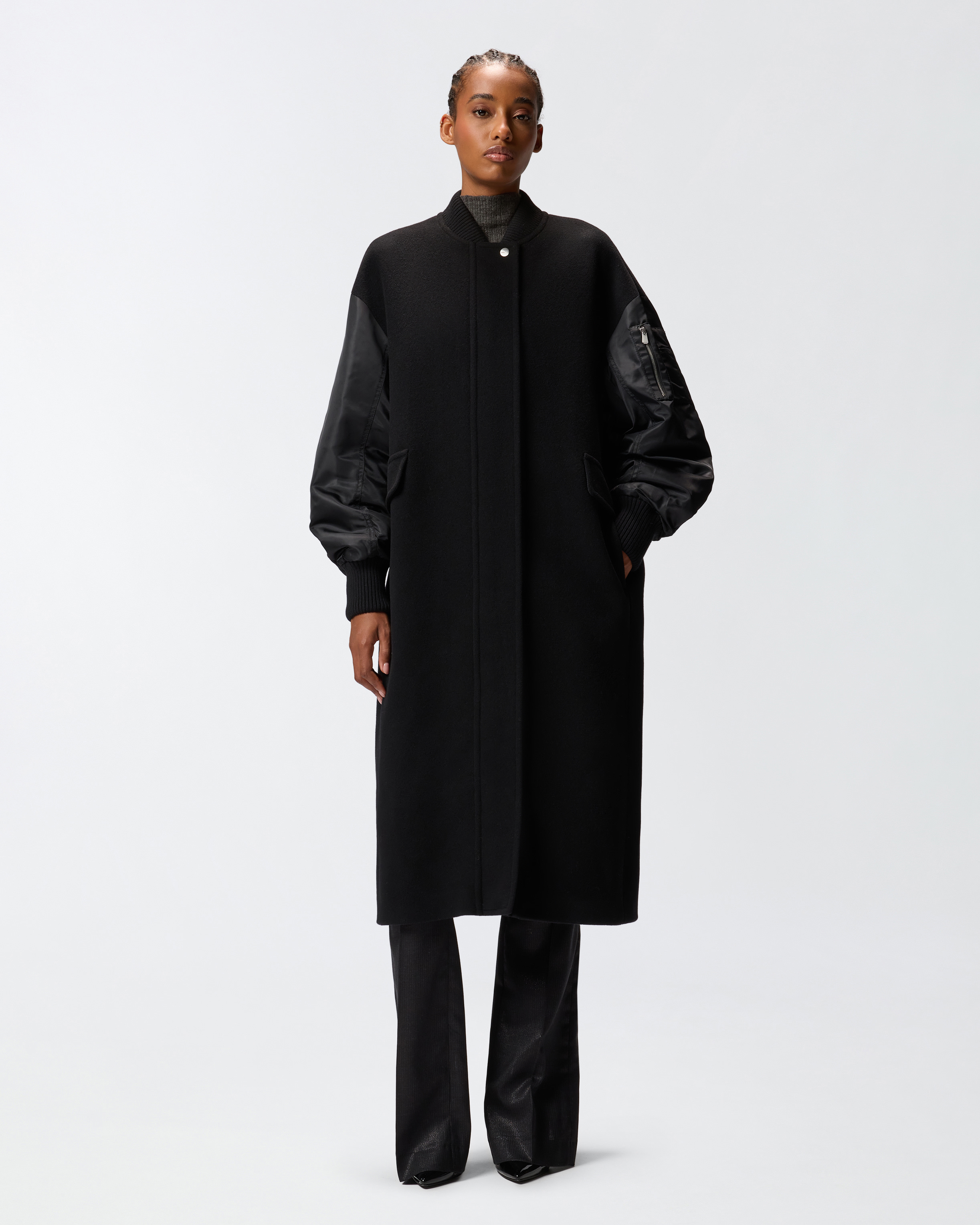 Pinko Long Coat In Wool-blend Cloth And Technical Satin In Black