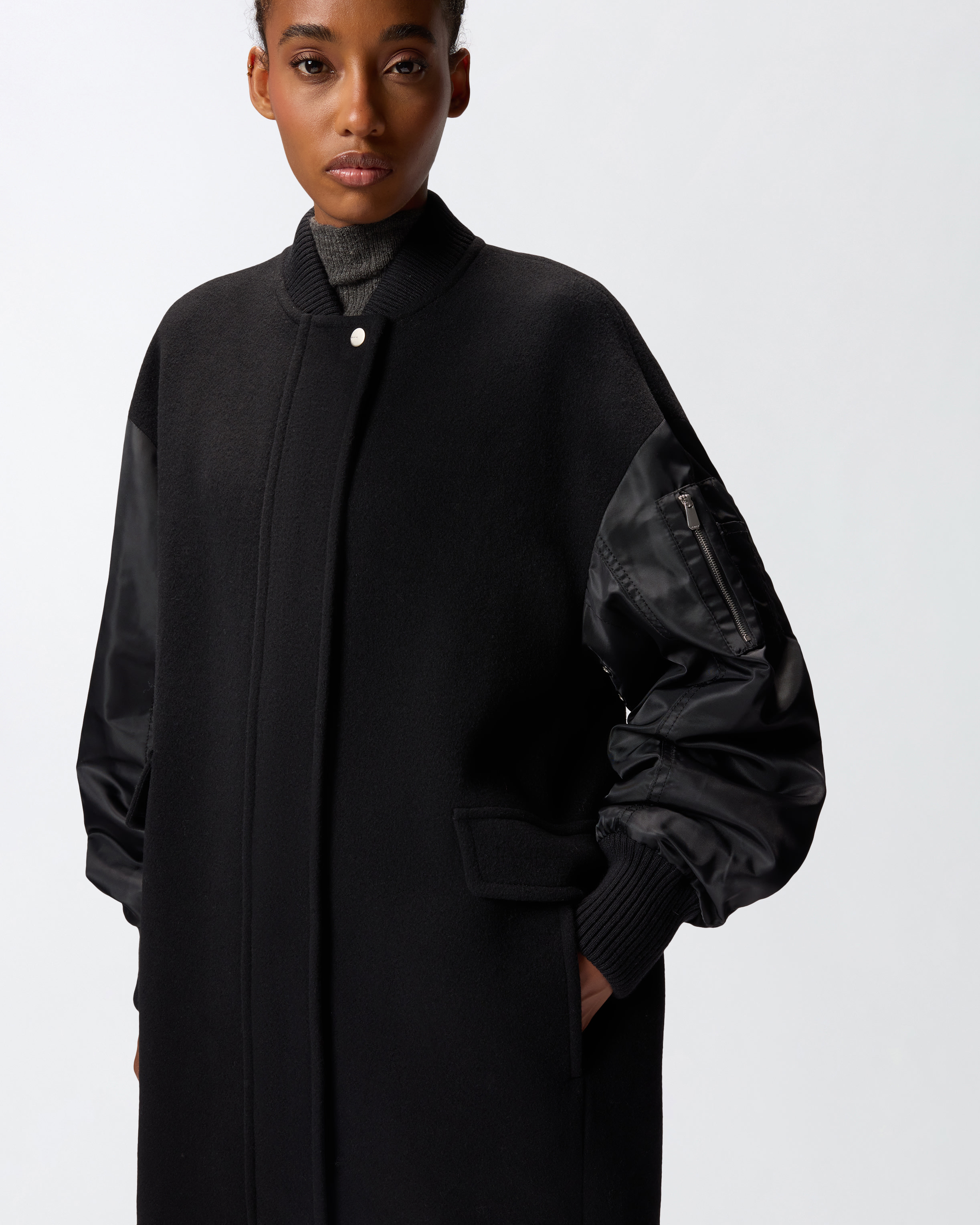 Pinko Long Coat In Wool-blend Cloth And Technical Satin In Black