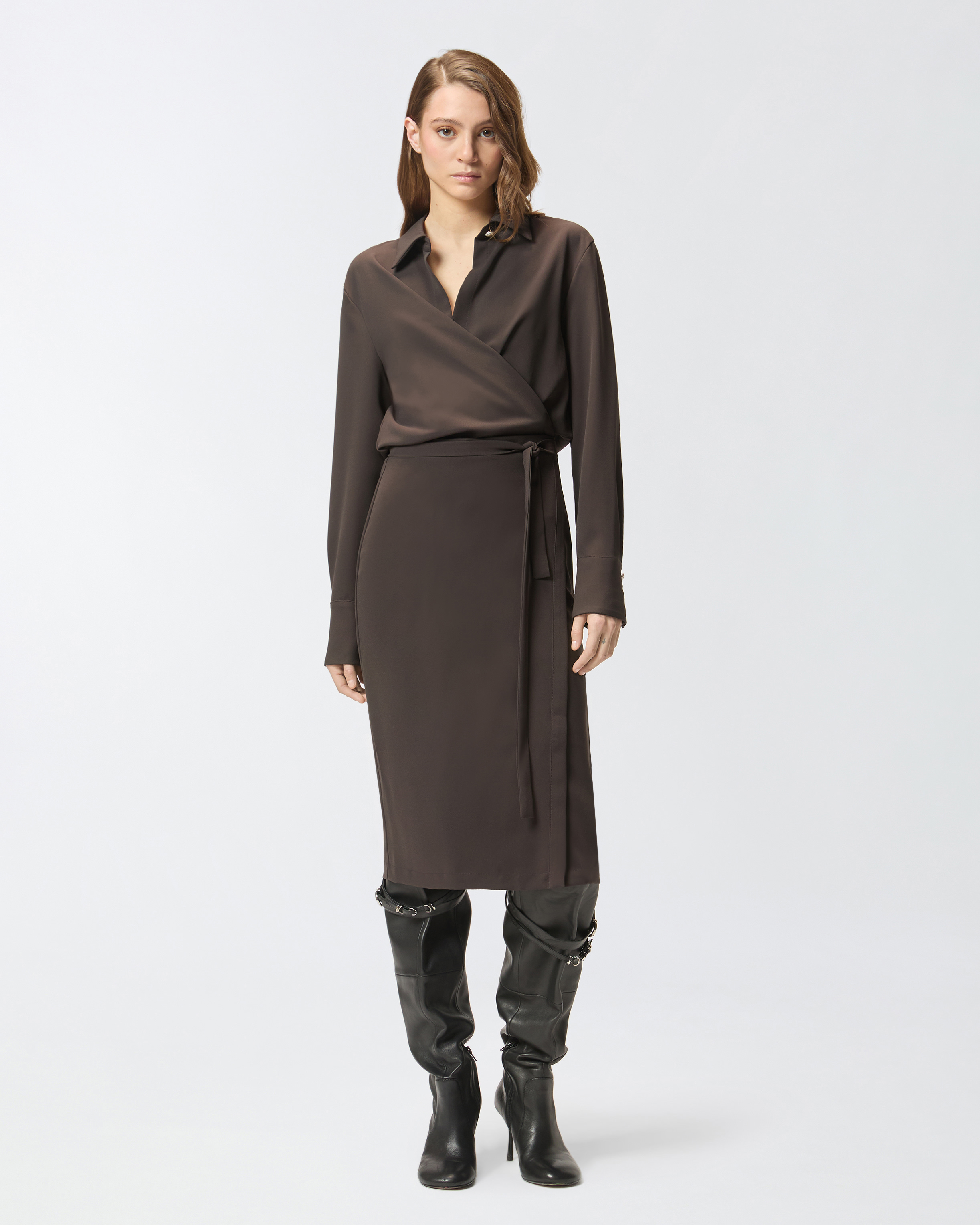 Платье-рубашка миди с поясом - КОРИЧНЕВЫЙ - large | Pinko 