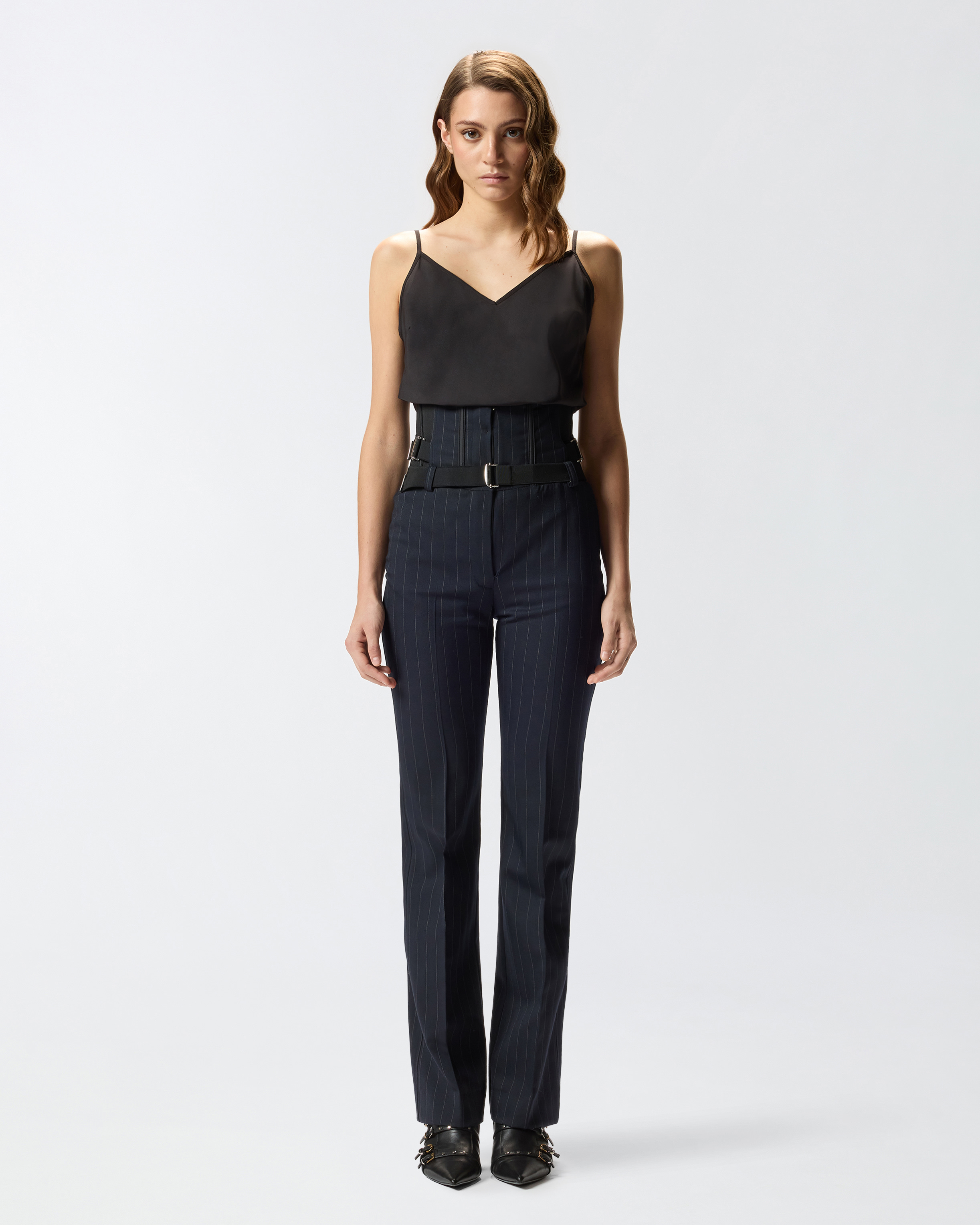 Pinko Pinstripe Poly Wool Bustier Trousers In Black