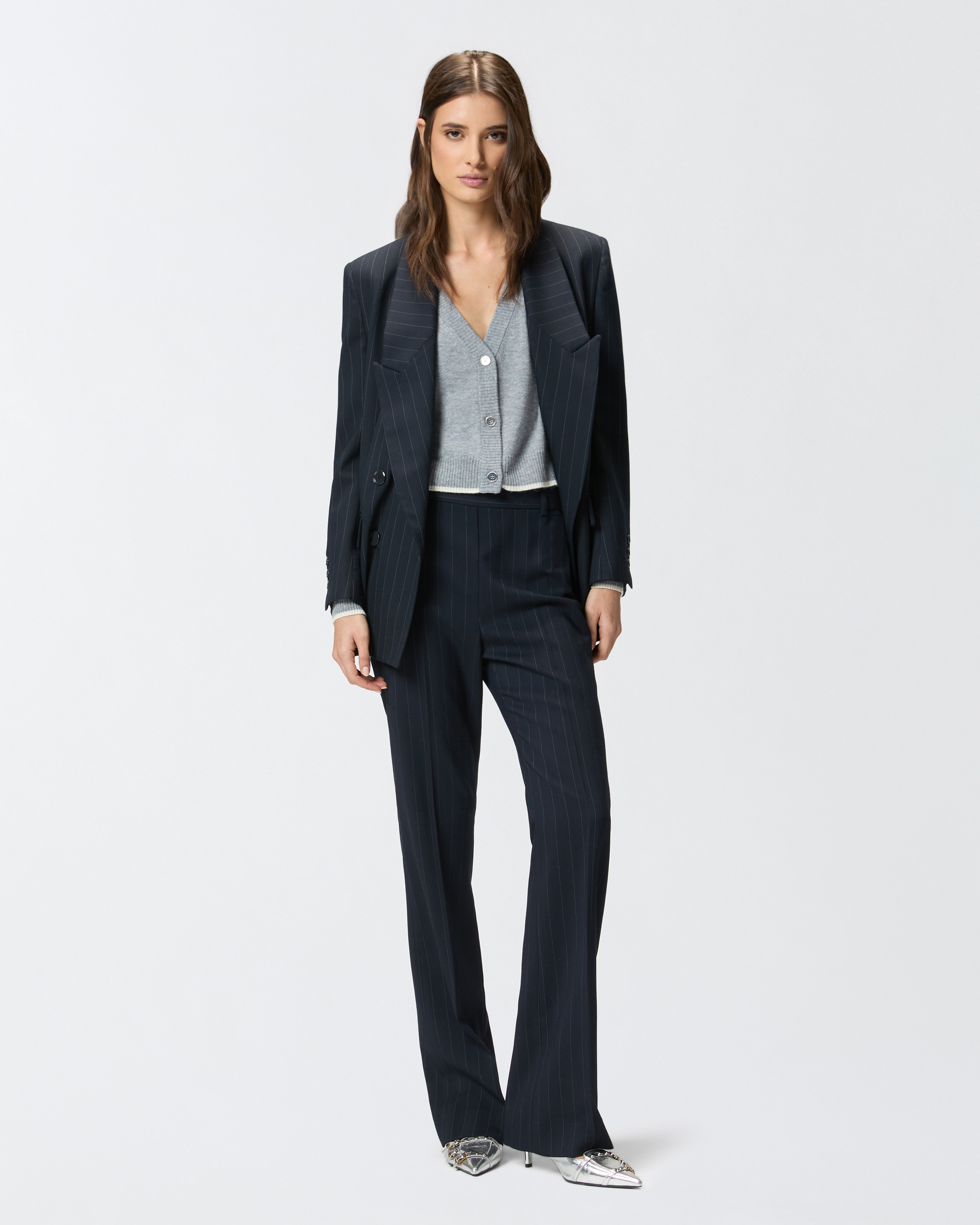 Pantalon droit à rayures en laine mélangée - Bleu, Bleu Clair, Multicolore, Blanc - large | Pinko 