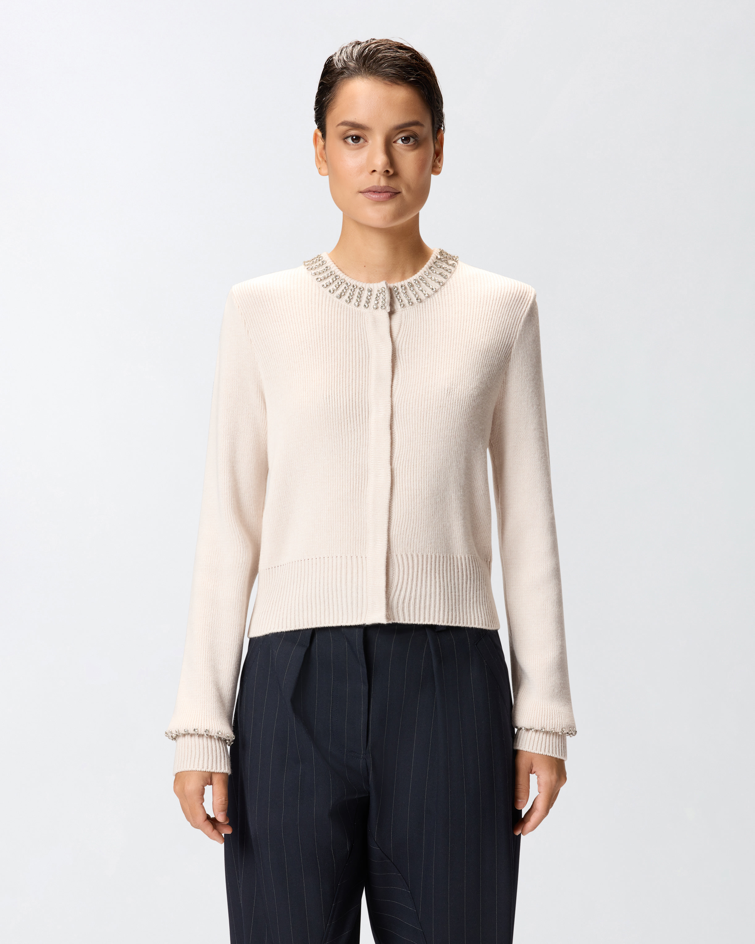 Round-neck cardigan with rhinestones - Grey, Silver - large | Pinko 