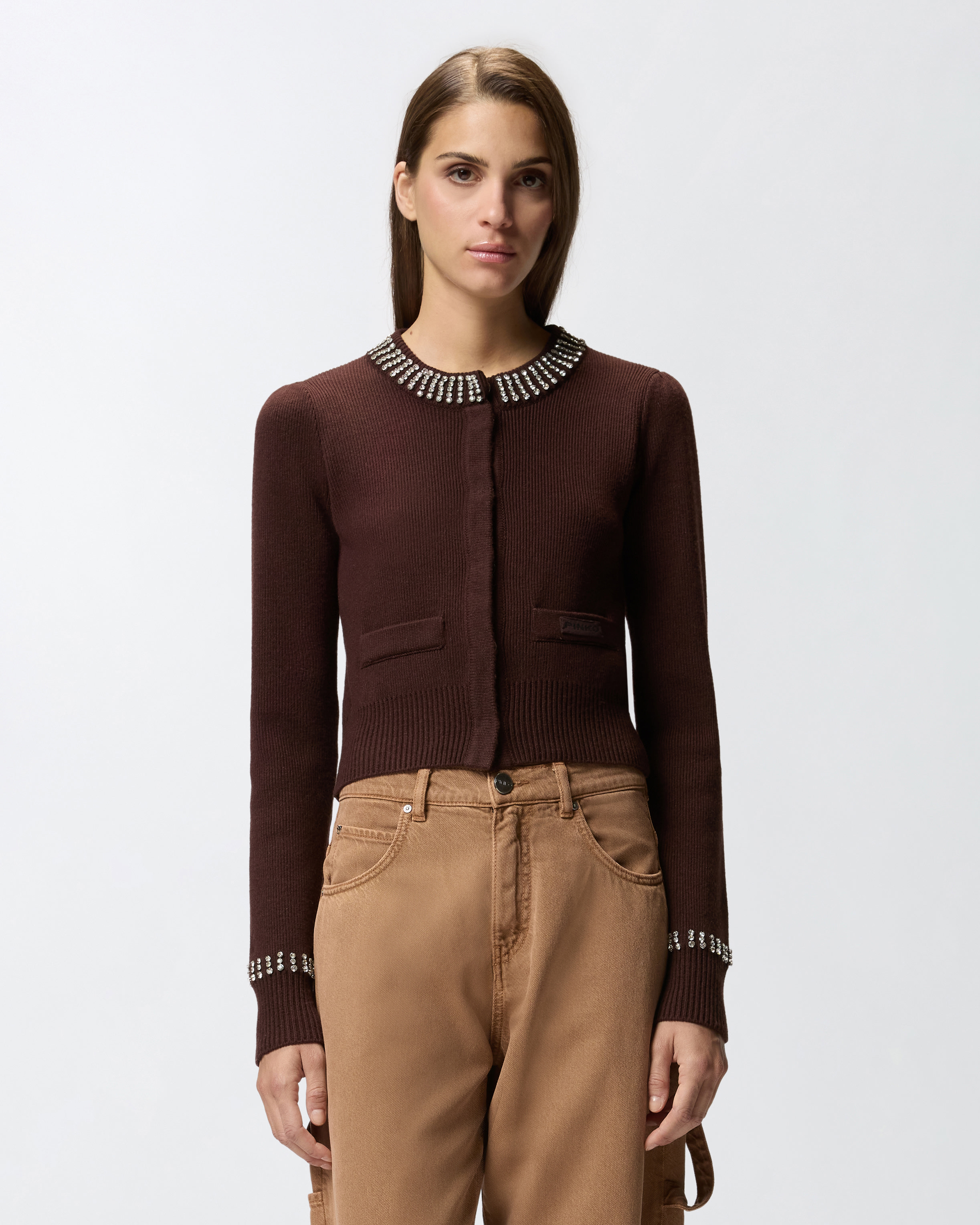 Cardigan mit Rundhalsausschnitt und Strass - Braun - large | Pinko 